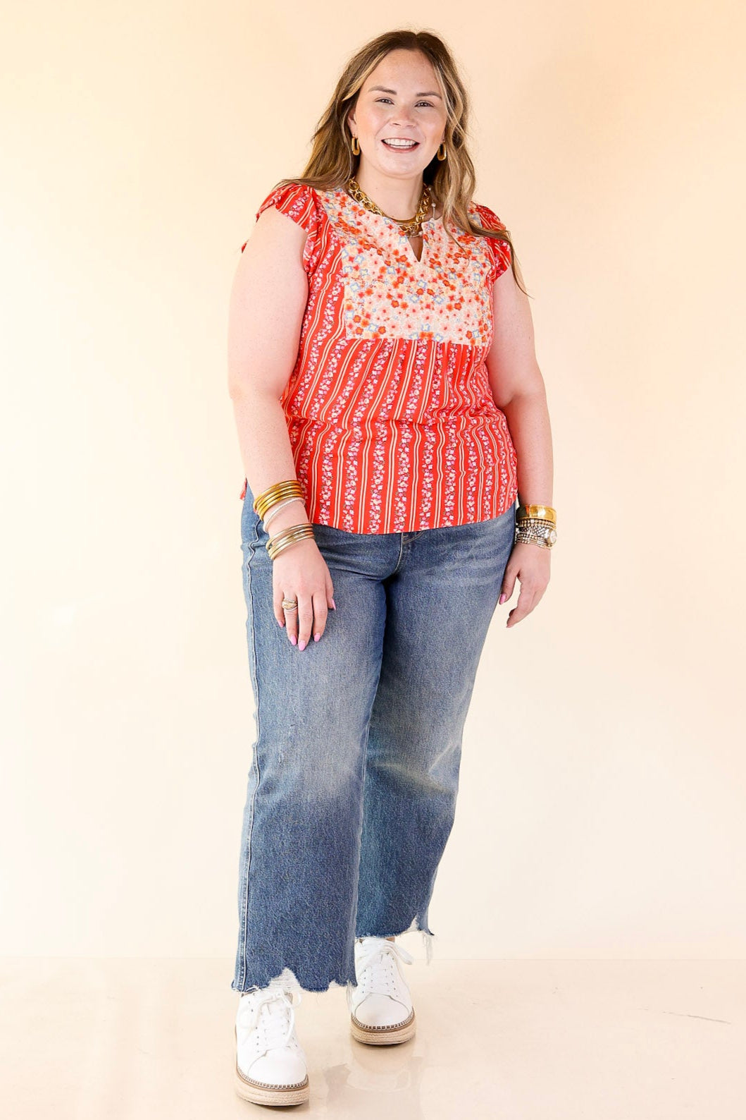 Sweet Reminder Floral and Stripe Print Top with Embroidered Yoke in Red