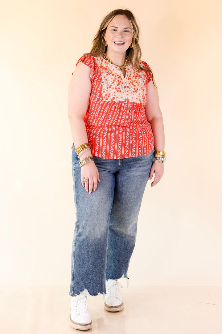 Sweet Reminder Floral and Stripe Print Top with Embroidered Yoke in Red