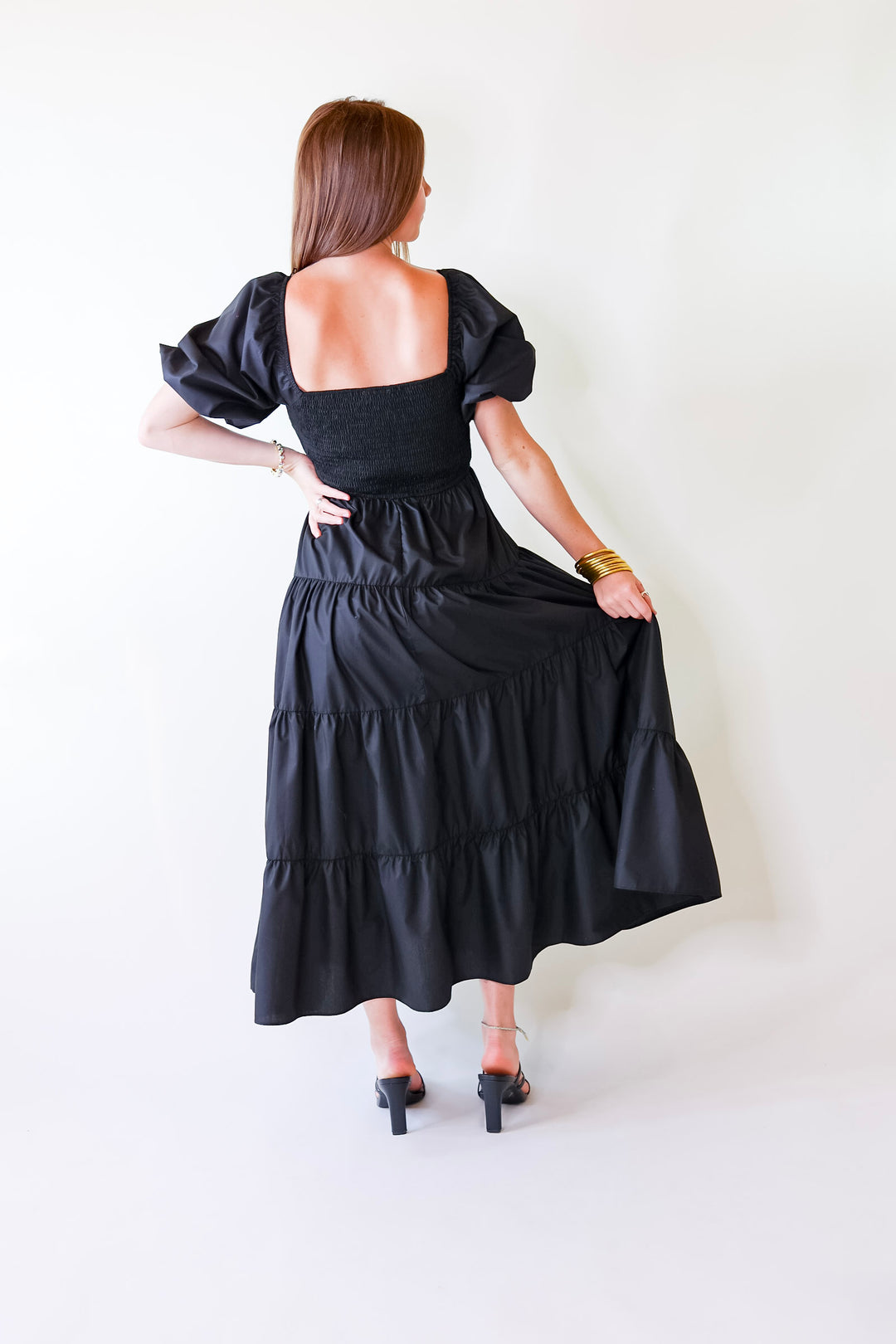 Santorini Sunshine Short Balloon Sleeve Maxi Dress in Black - Giddy Up Glamour Boutique