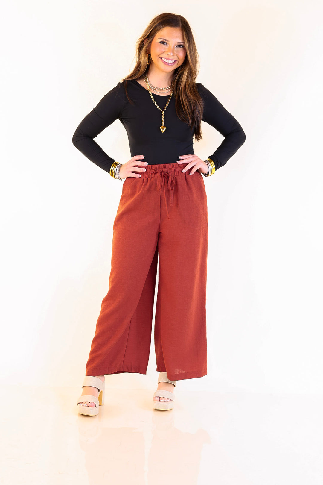 On Repeat Cropped Drawstring Woven Pants in Rust Orange