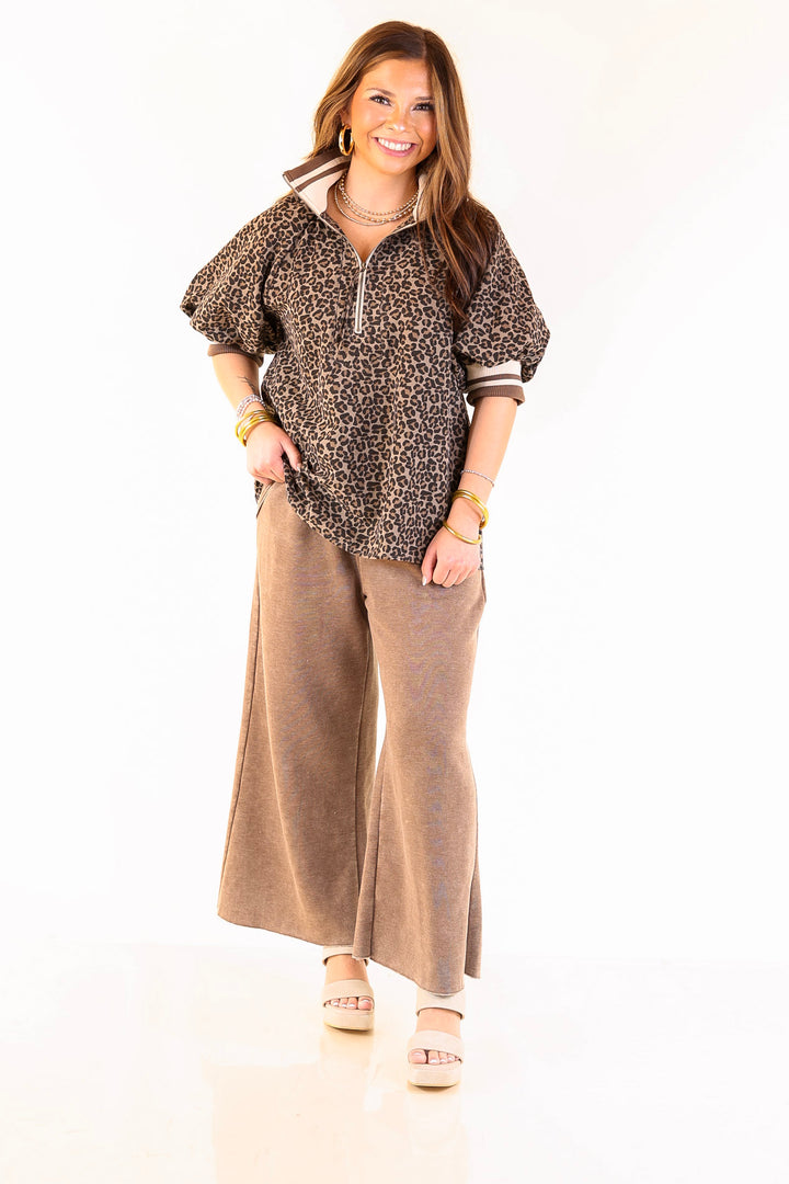 Bold Instincts Leopard Print Half Zip Top with Puff Sleeves in Brown and Cream