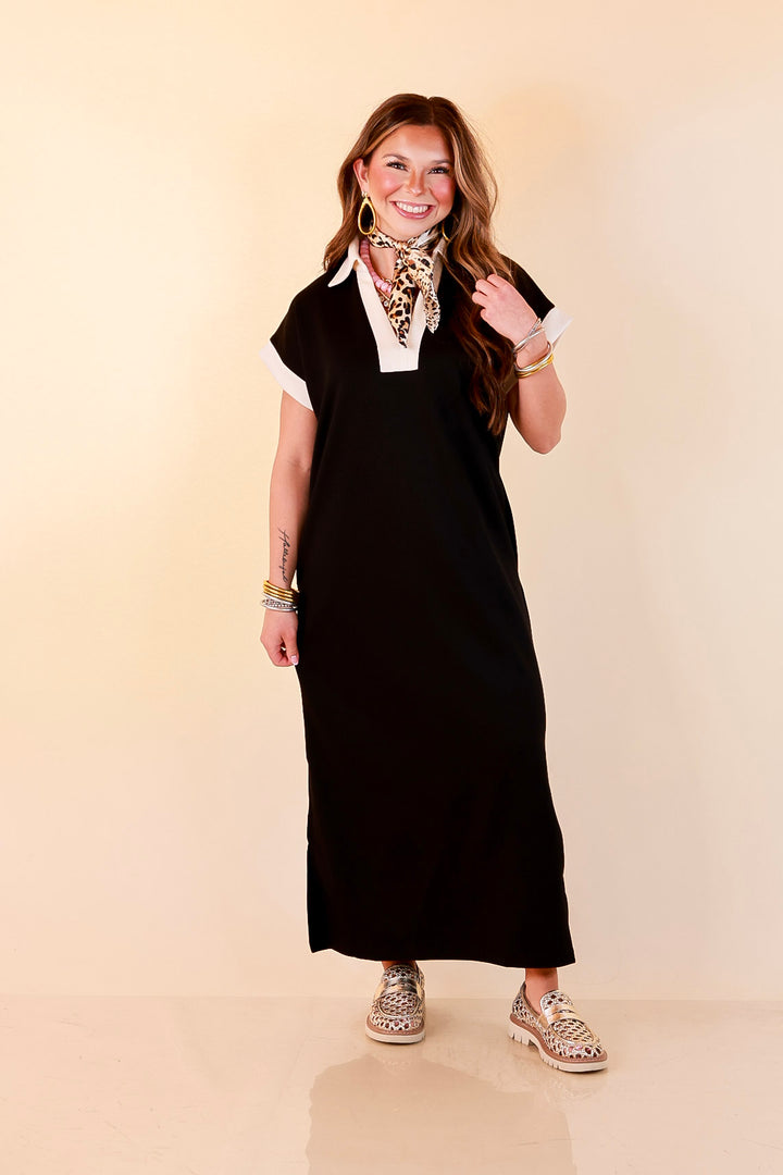 Park Avenue Solid Short Sleeve Knit Midi Dress with Ivory Trim in Black