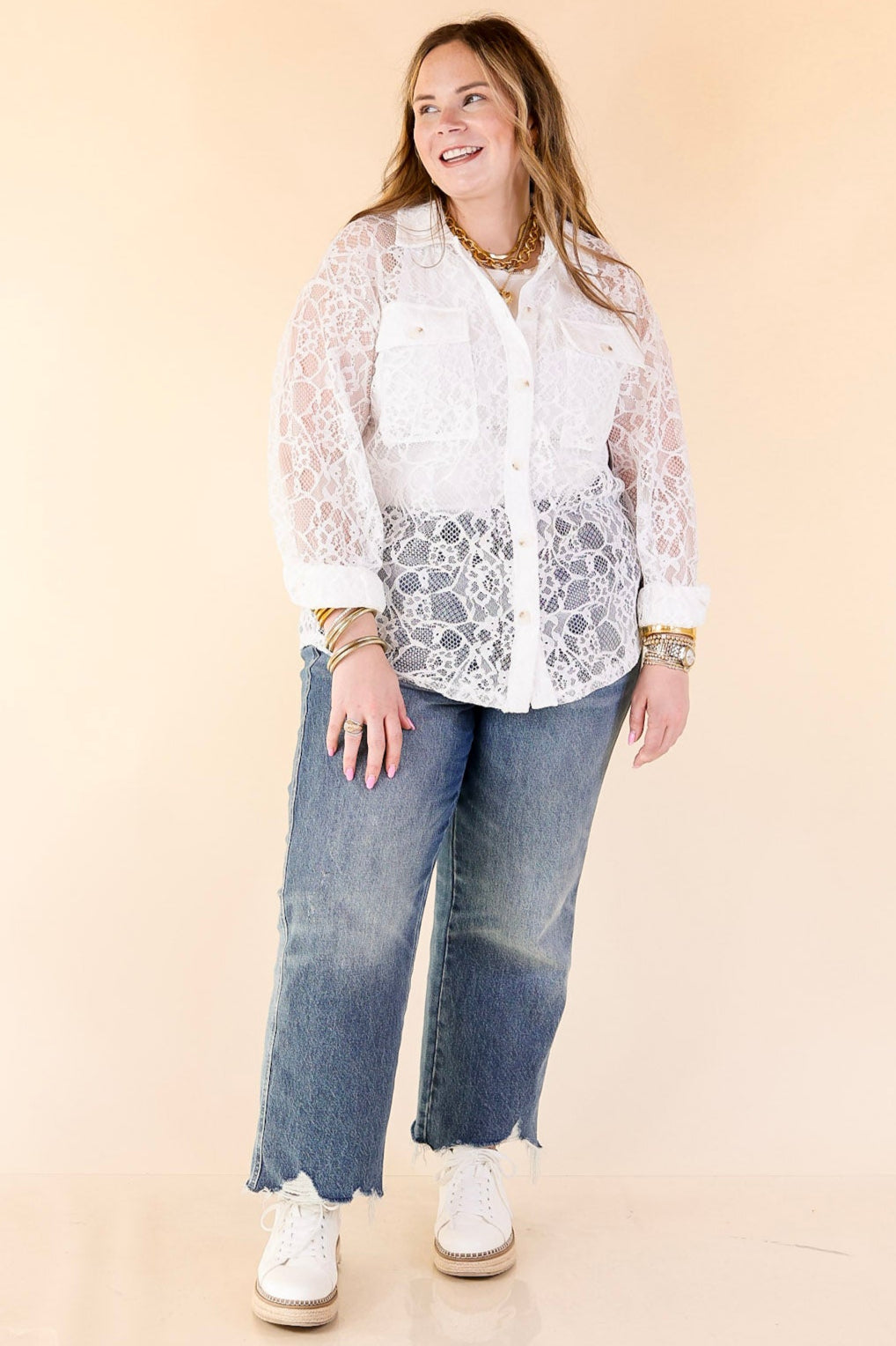 Sheer Chic Collared Button Up Lace Top in White