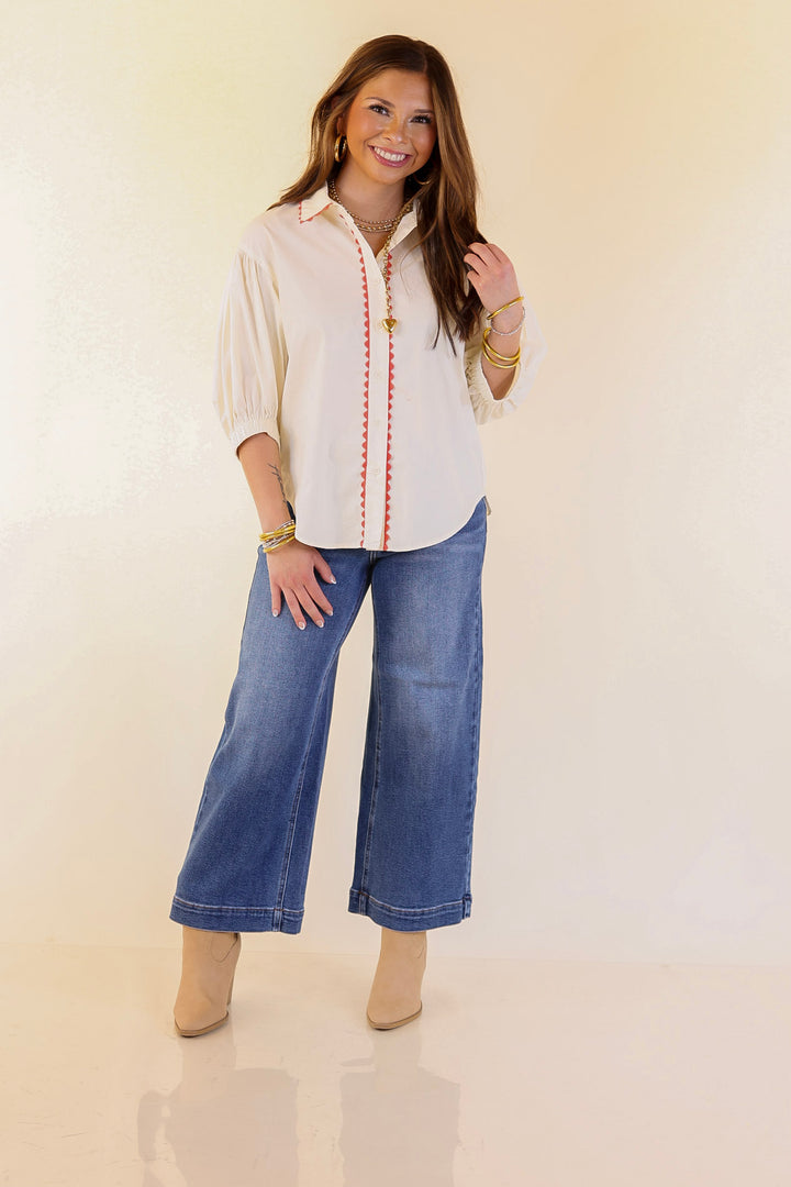 Ripple Effect Puff Sleeve Button-Up Top with Rick-Rack Trim Detailing in Cream
