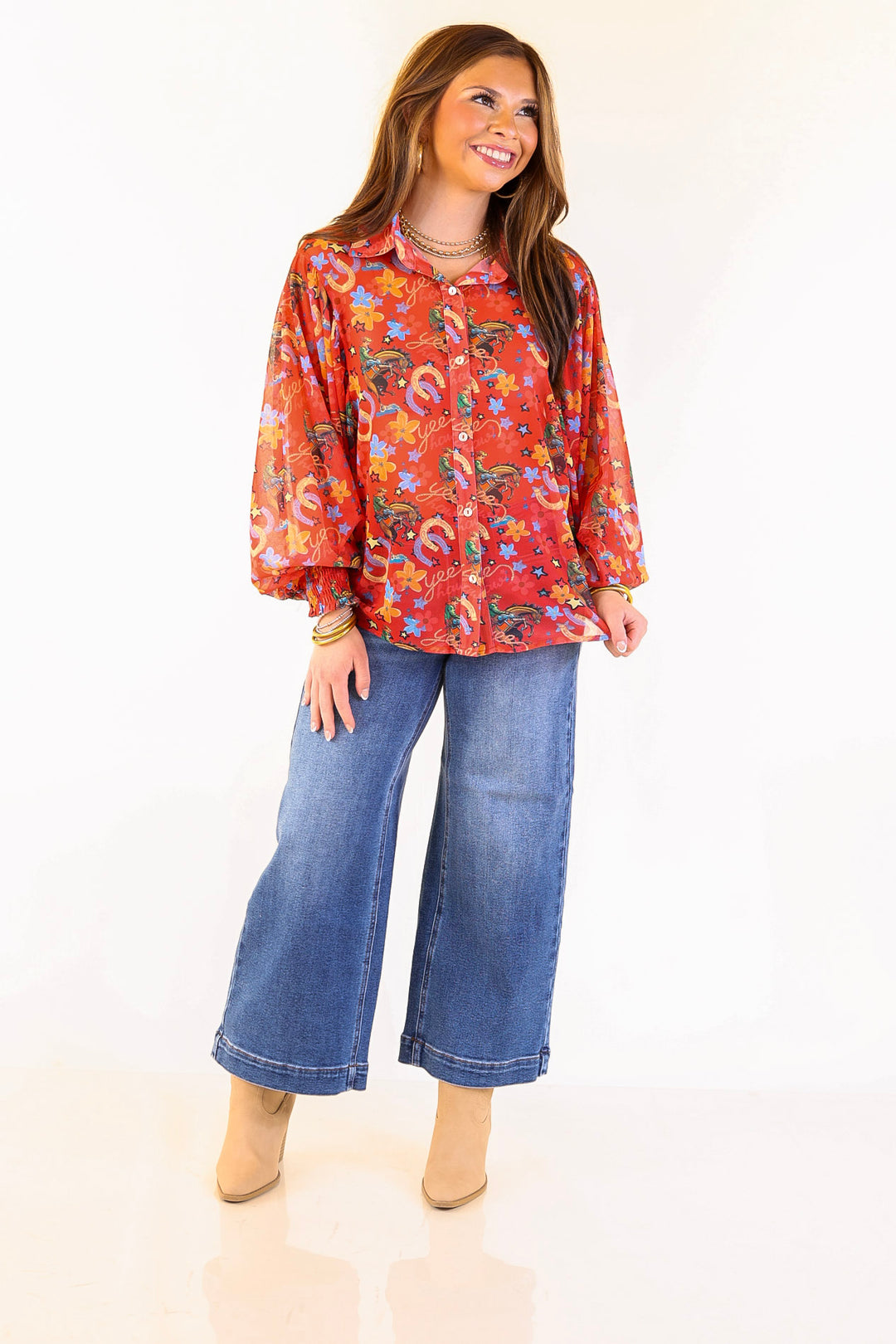 Winning Streak Button Up Collared Horseshoe Print Mesh Top with Long Balloon Sleeves in Red