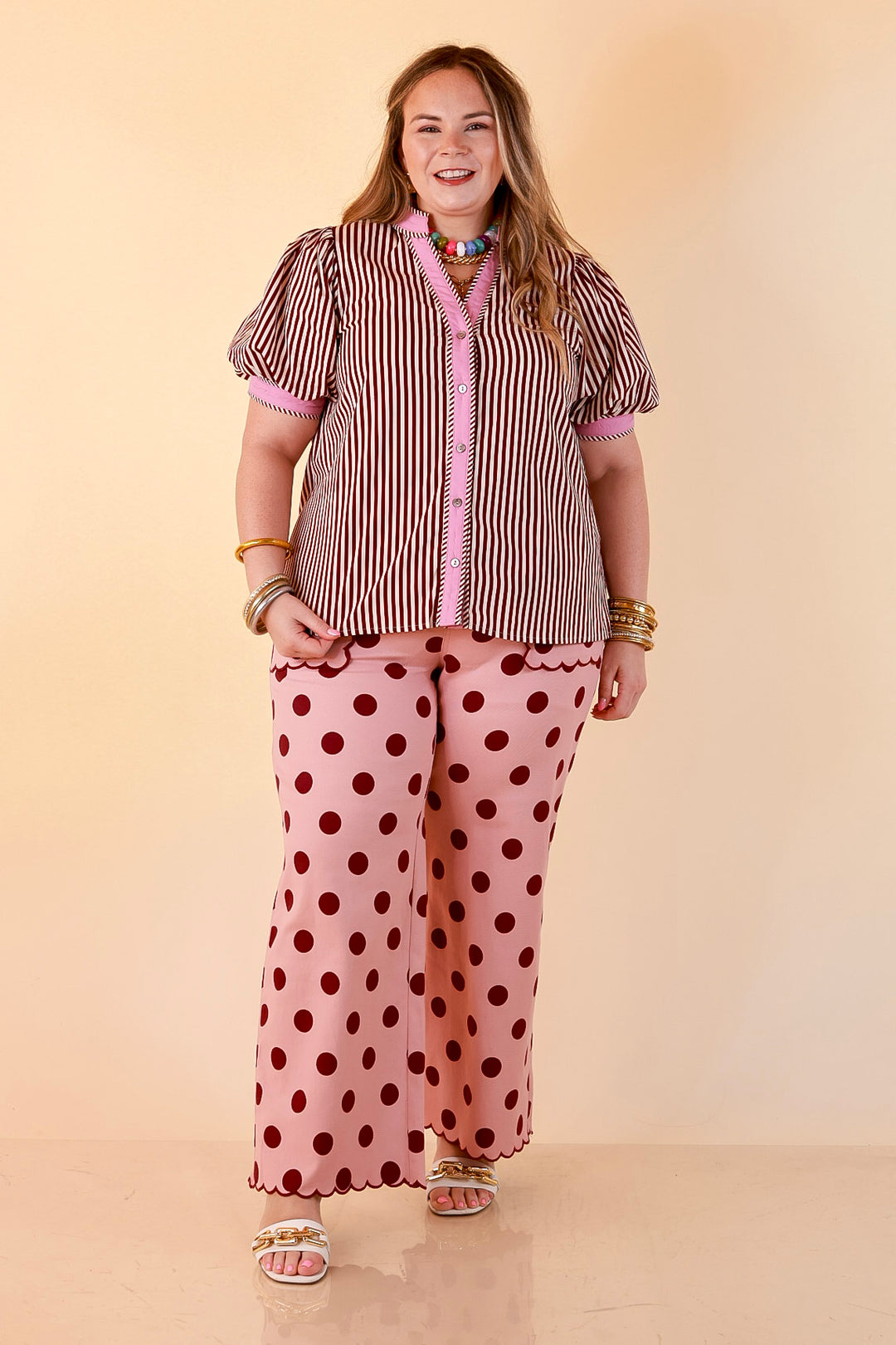 Pop of Polish Short Puff Sleeve Button Front Top with Contrast Trim in White, Maroon, and Pink