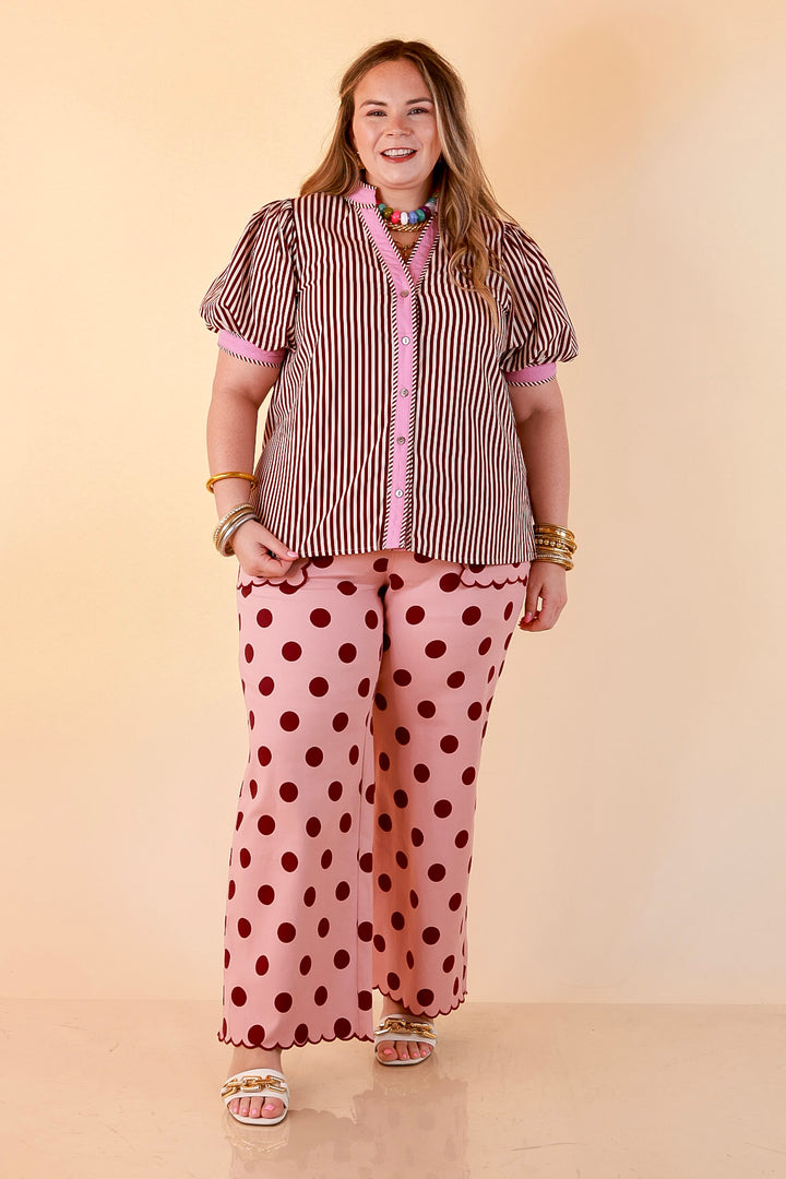 Pop of Polish Short Puff Sleeve Button Front Top with Contrast Trim in White, Maroon, and Pink