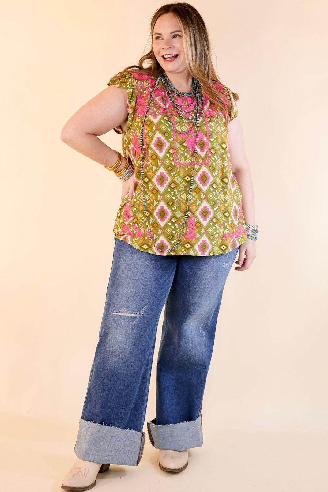 Sweet Serenade Aztec Print Top with Pink Floral Embroidery in Olive Green