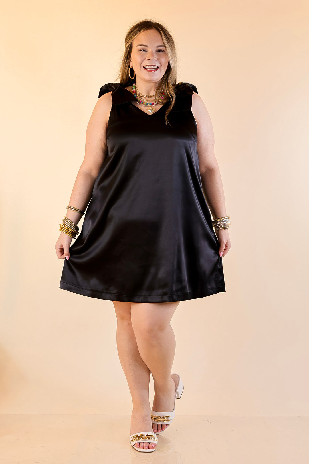 Satin Soirée V Neck Mini Dress with Bow Strap Detailing in Black