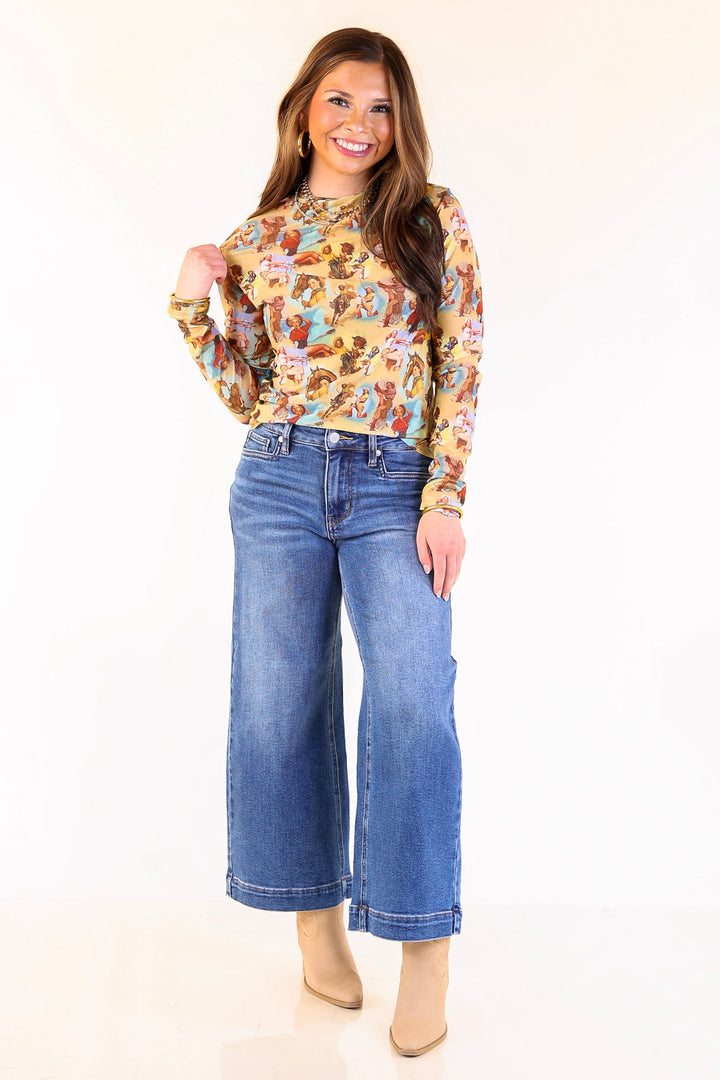 Western Dream Mesh Long Sleeve Top in Vintage Cowgirl Print