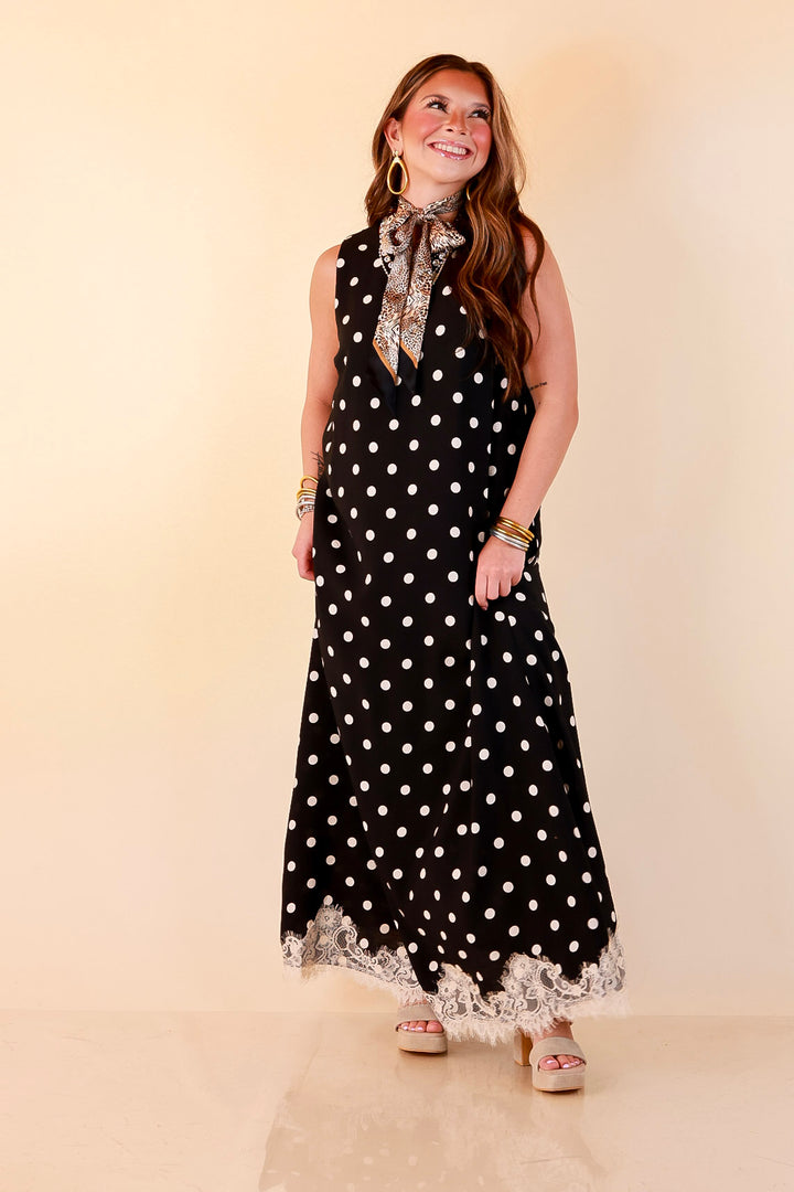 Sweet Little Something Polka Dot Sleeveless Maxi Dress with Lace Trim in Black