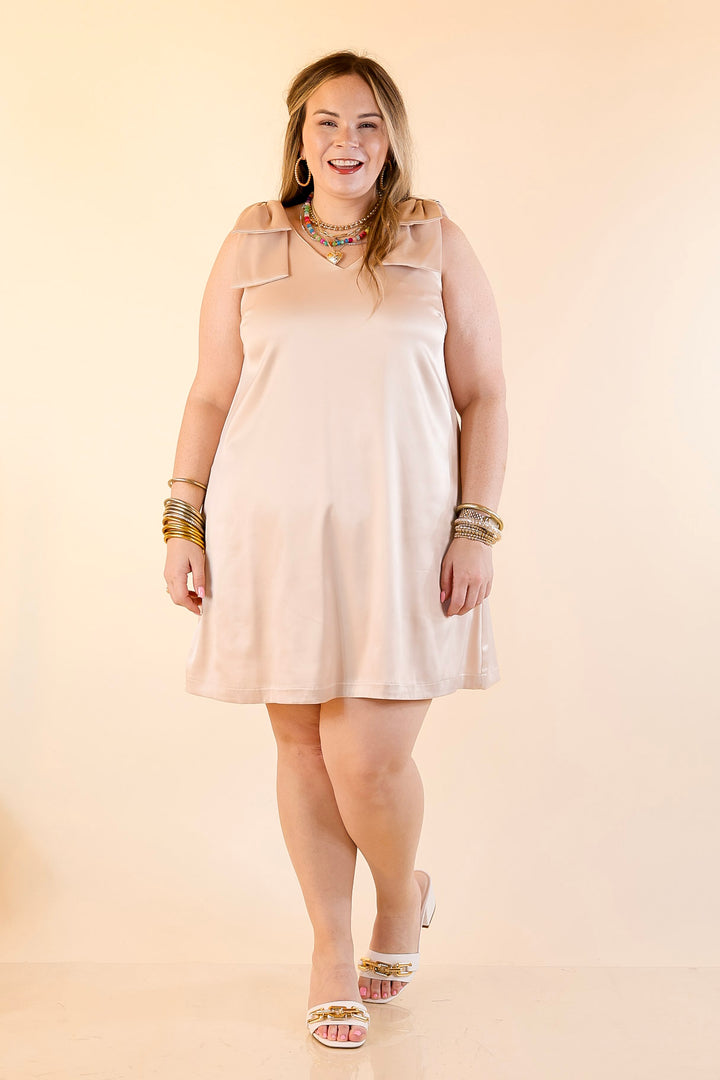 Satin Soirée V Neck Mini Dress with Bow Strap Detailing in Champagne