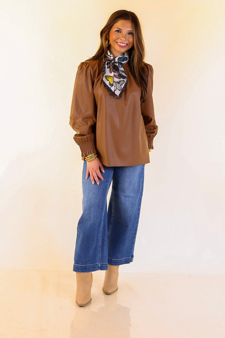 Mud Pie | Putnam Faux Leather Long Sleeve Top with Smocked Cuffs in Tan Brown