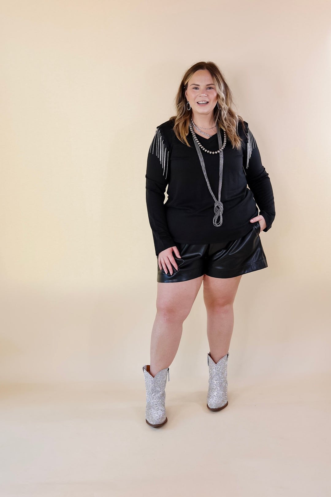 Party Dreams Long Sleeve V Neck Top with Crystal Fringe Shoulders in Black - Giddy Up Glamour Boutique