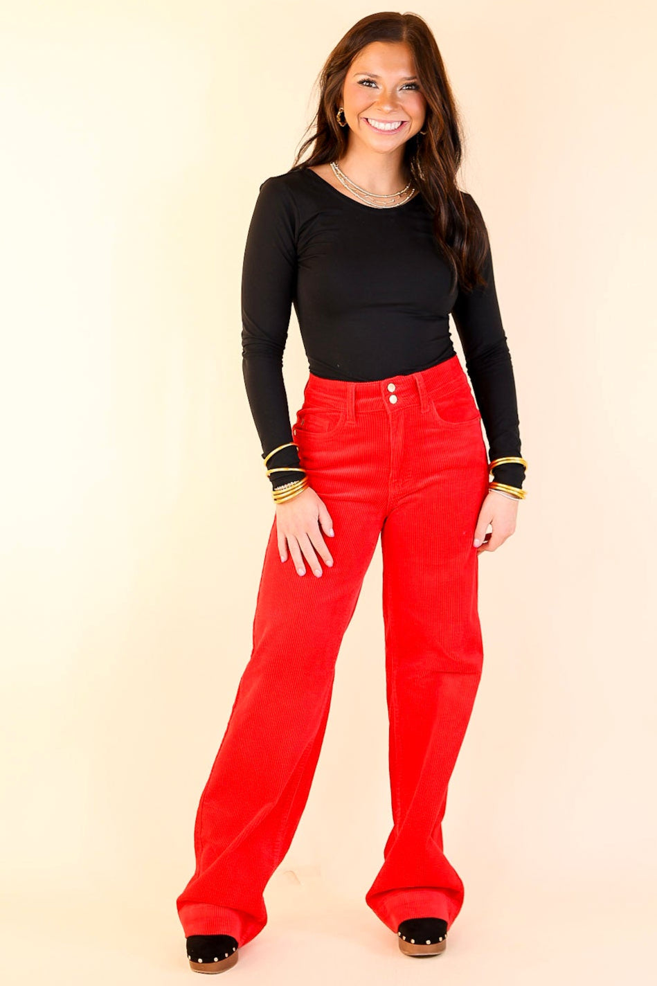 Last Chance Size 0, 1, 11, 13, 15, 14W-24W | Judy Blue | Strut in Style Wide Leg Corduroy Trouser in Ruby Red