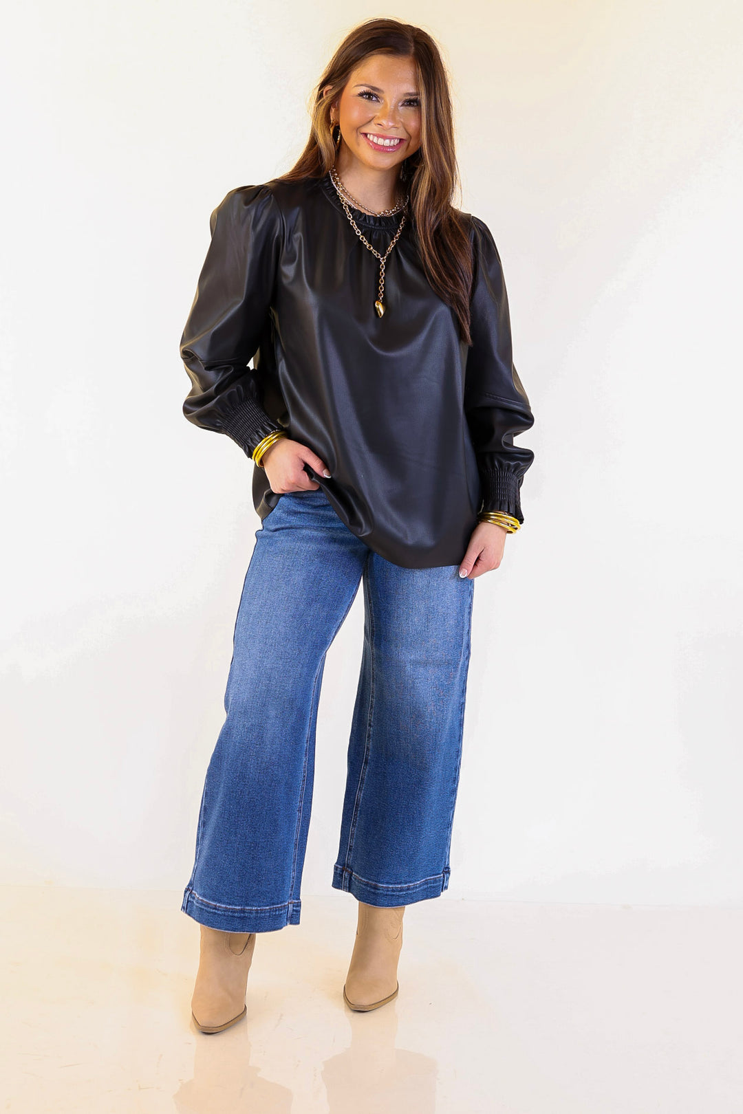 Mud Pie | Putnam Faux Leather Long Sleeve Top with Smocked Cuffs in Black