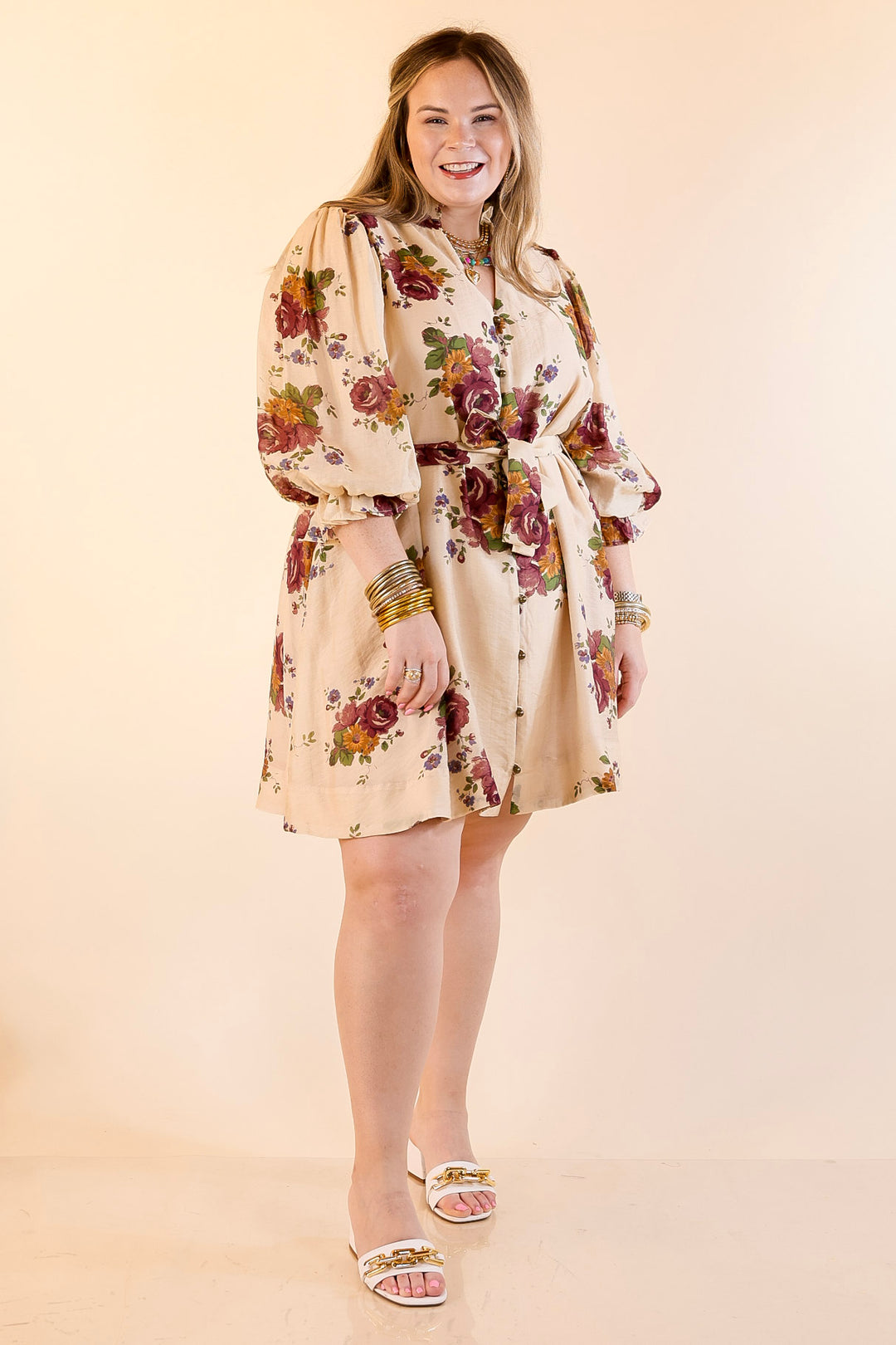 Garden Stroll Floral Dress with A-Line Skirt and and Belt in Vanilla Cream