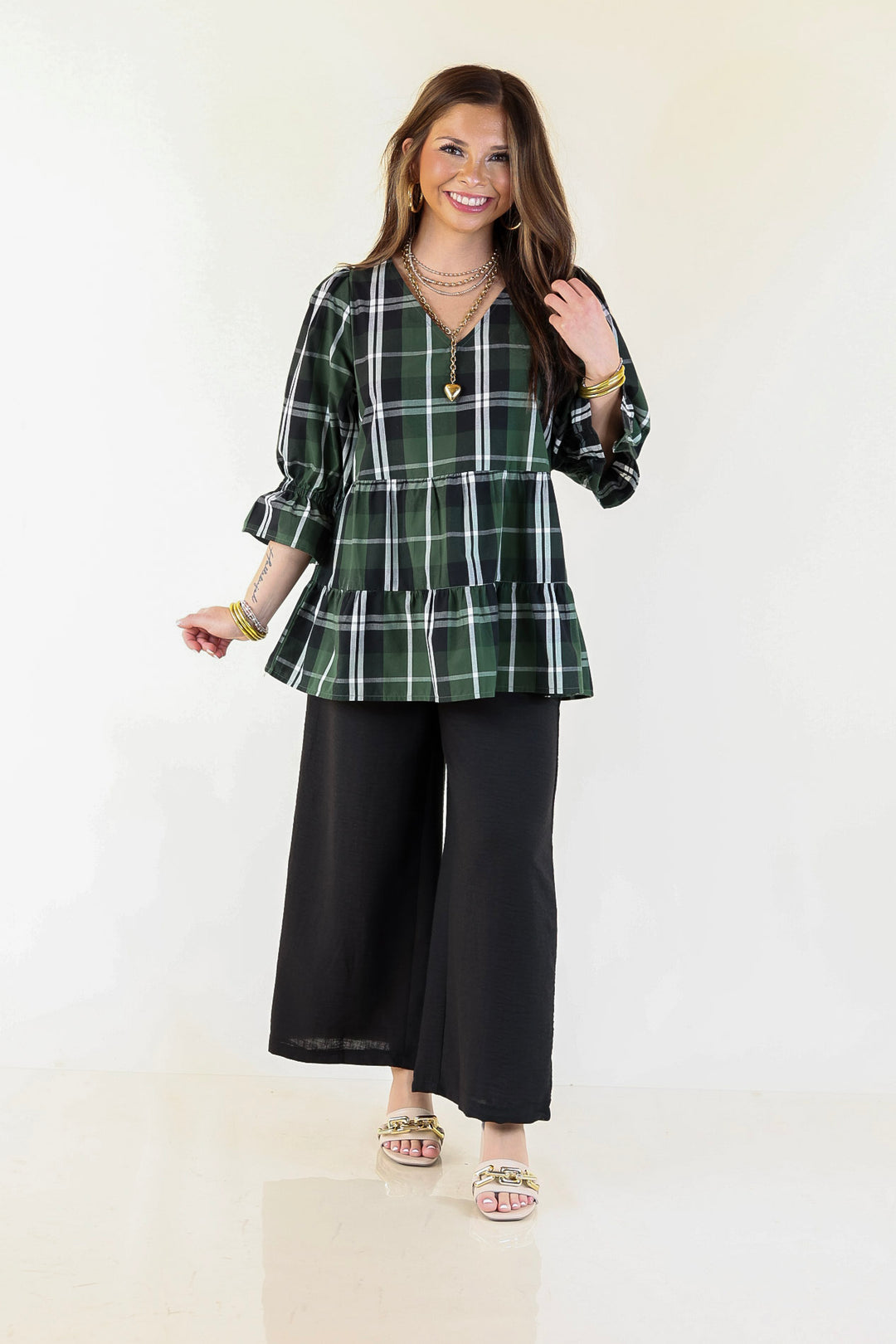 Mud Pie | Ashford Plaid Babydoll Top with Ruffle Hem and 3/4 Balloon Sleeves in Green