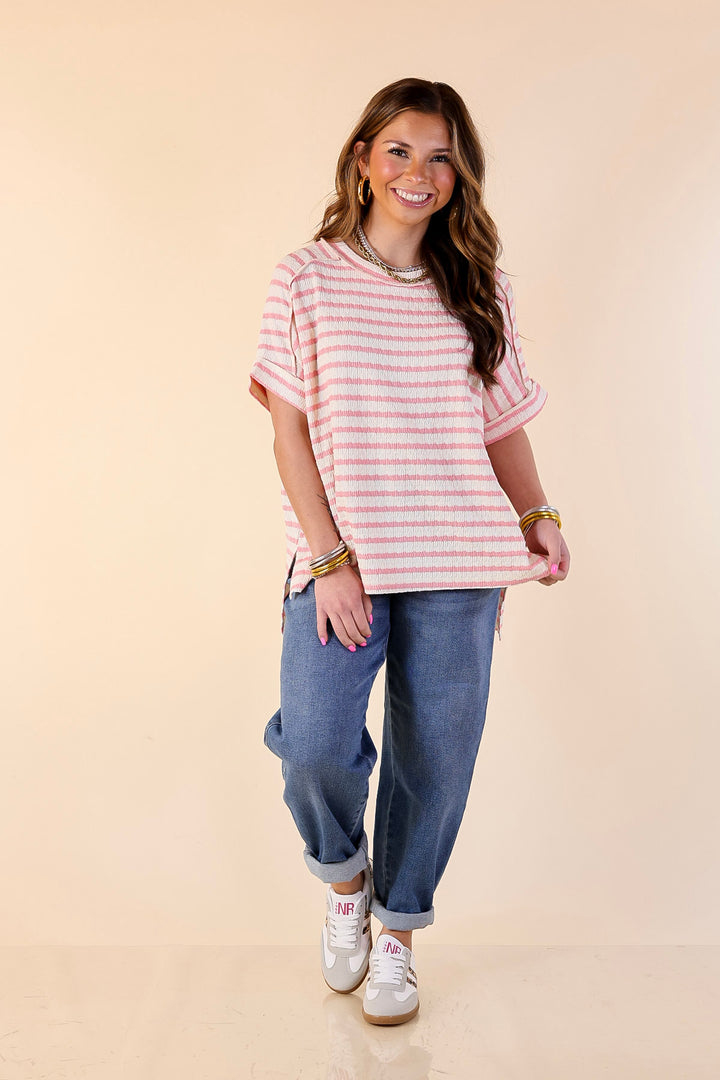 On The Daily Scoop Neck Short Sleeve Textured Top in Pink