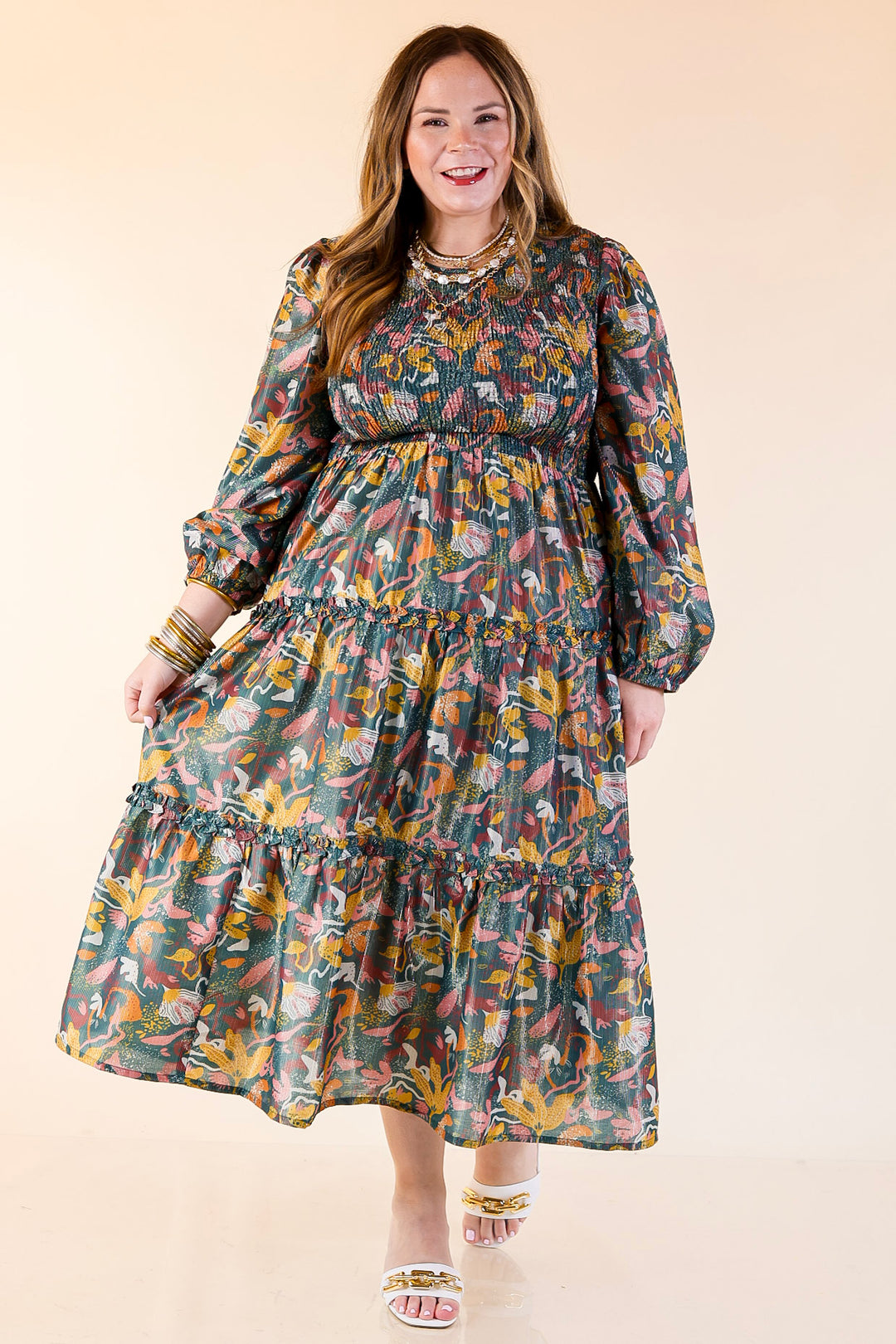 Mud Pie | Shaffer Smocked Bodice Long Sleeve Midi Dress with Tiered Skirt in Blue Mix