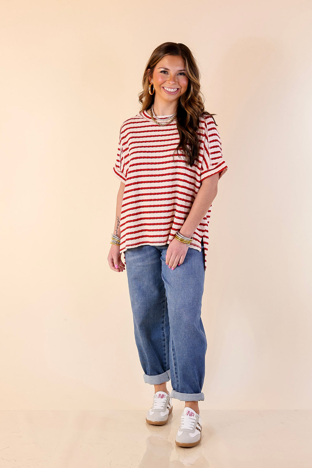 On The Daily Scoop Neck Short Sleeve Textured Top in Red