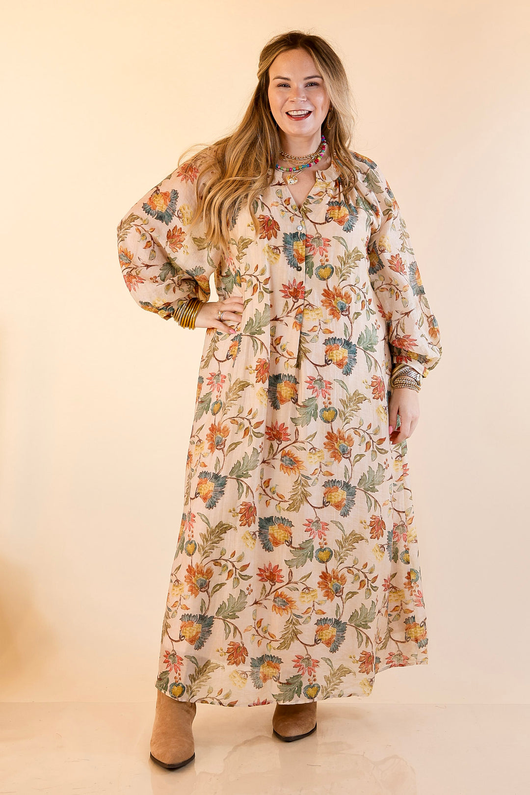 Charming Impression Floral Print Maxi Dress with Long Sleeves in Cream, Olive, Teal and Rust