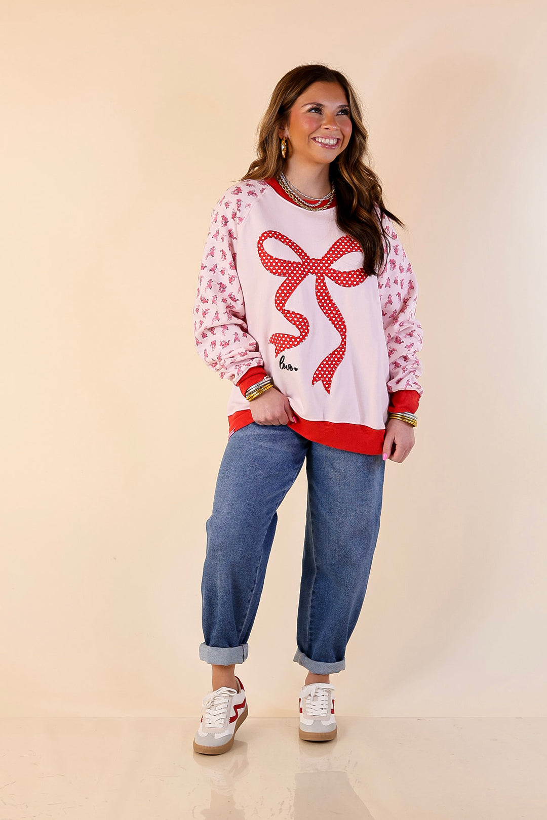 Simply Southern | Sweet on You Bow Detail Crew Neck Sweatshirt with Floral Sleeves in Pink