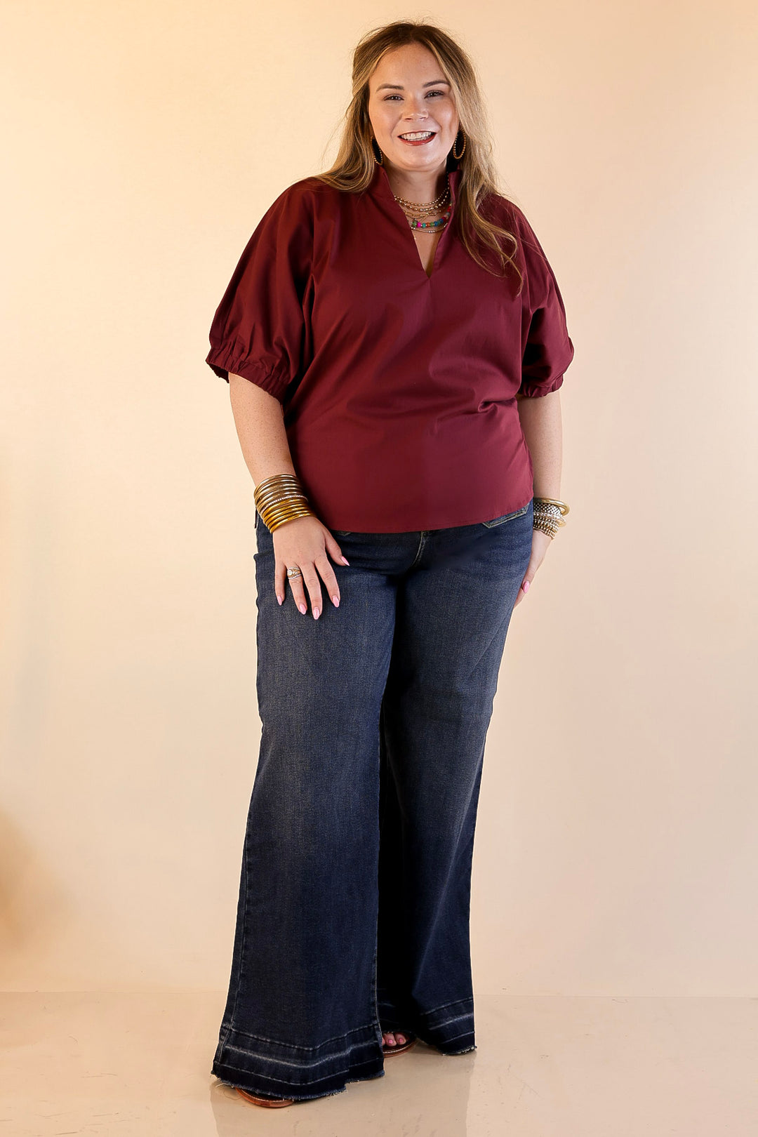 Elevated Basic V-Neck Blouse With Drop Shoulder in Maroon