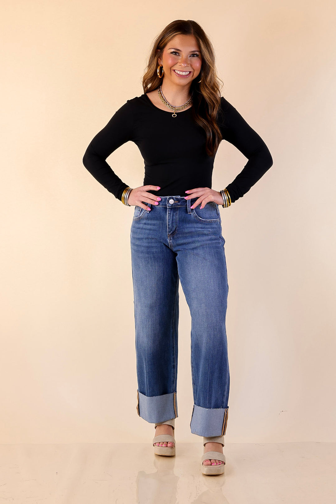 Risen | On Solid Ground Straight Leg Cuffed Jeans in Medium Wash