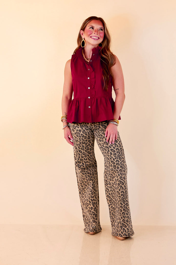 Poised &amp; Polished Sleeveless Ruffle Neck Button Front Peplum Top in Maroon