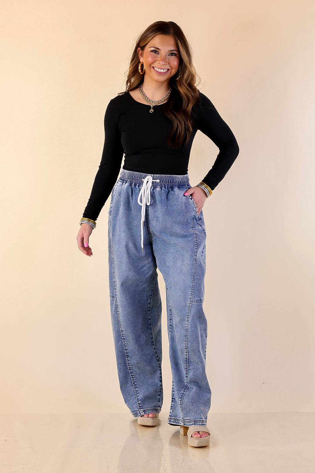 Risen | Relaxed and Ready Elastic Drawstring Waistband Featherweight Barrel Jean in Light Wash
