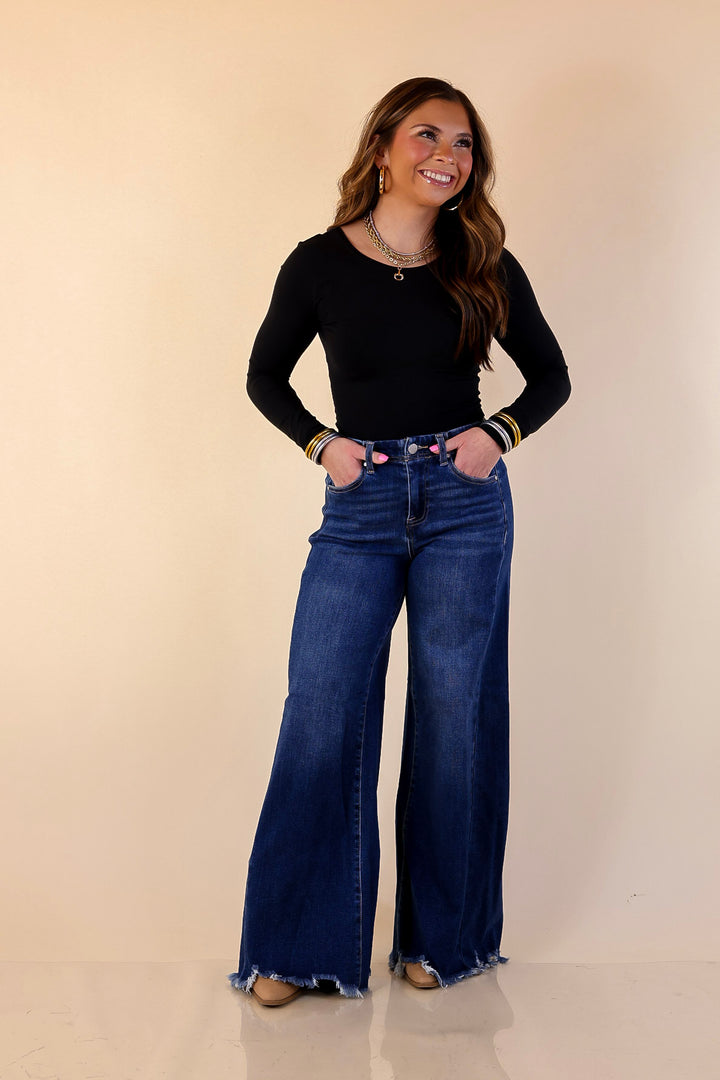 Risen | Holding Steady Wide Leg Raw Hem Jeans in Dark Wash