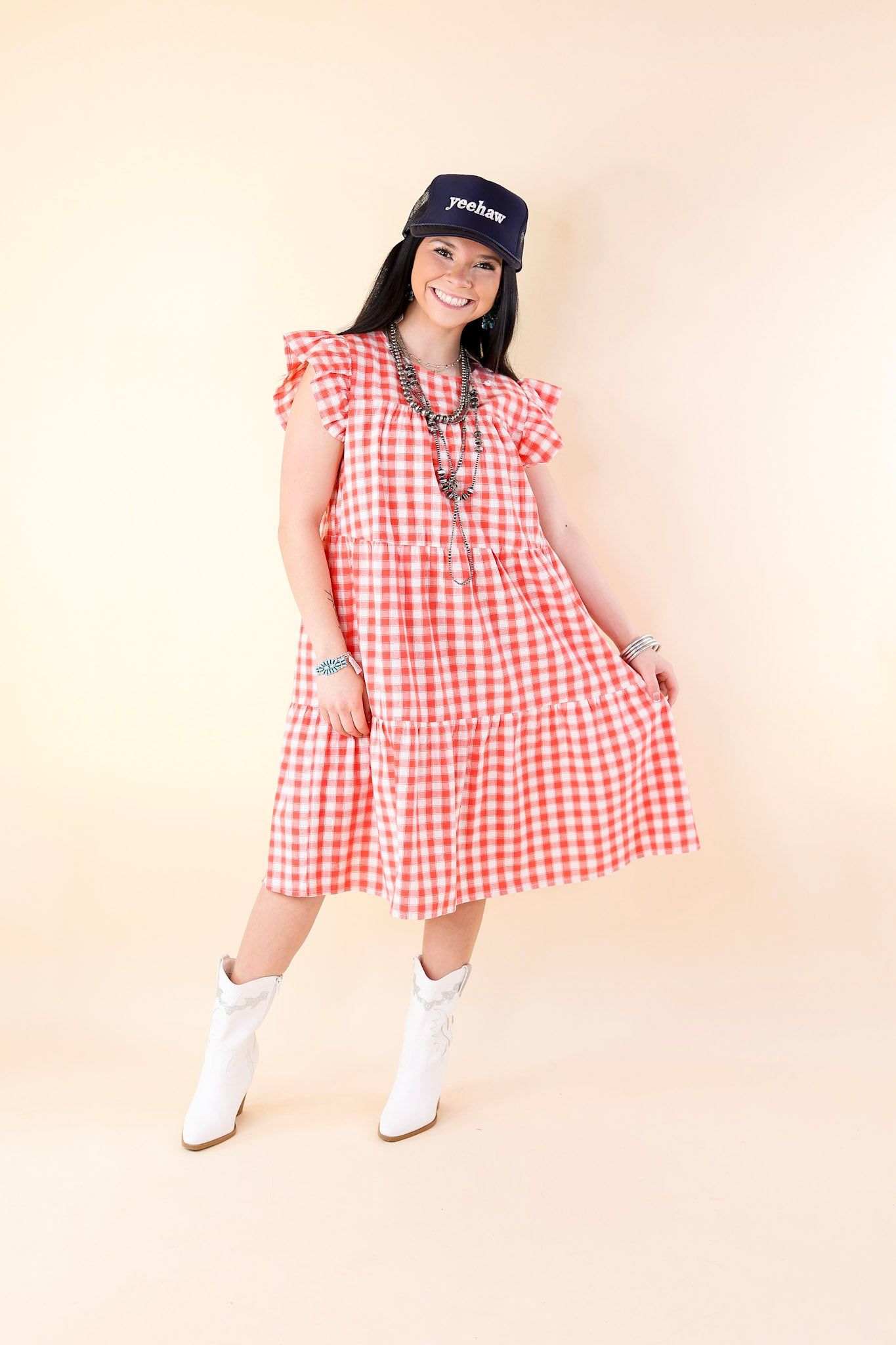 Sunny Pier Gingham Dress with Ruffle Cap Sleeves in Coral Red and White - Giddy Up Glamour Boutique