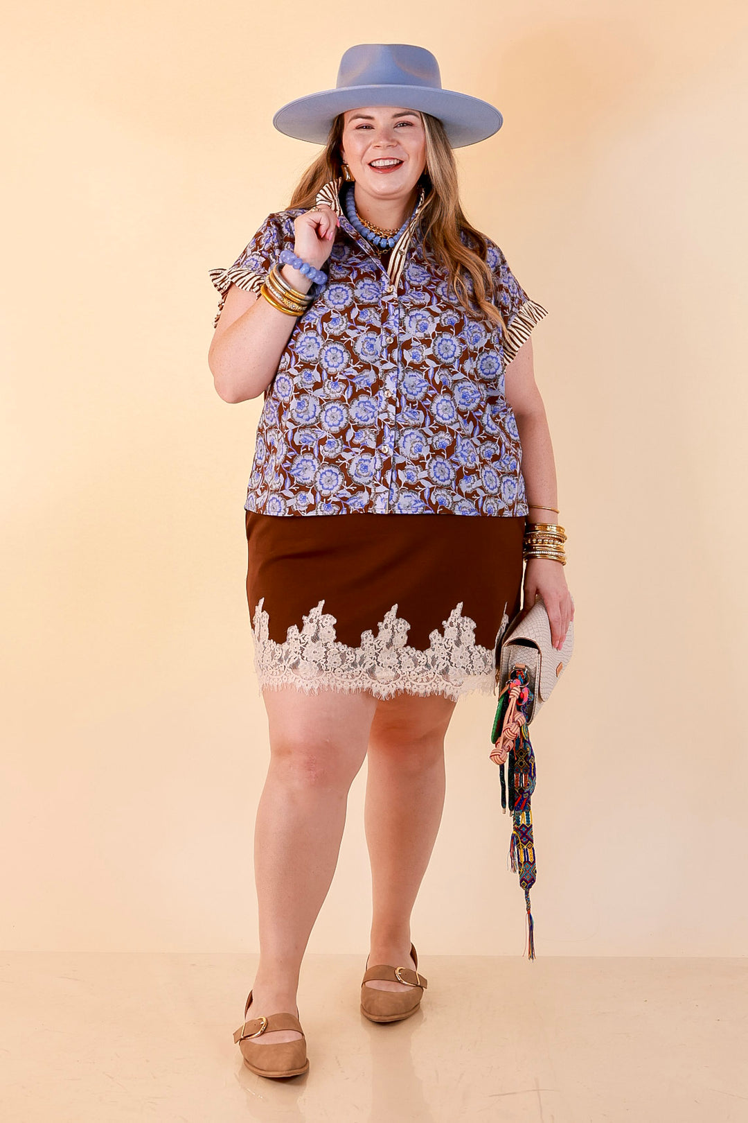 Effortless Grace Floral Print Flutter Stripe Sleeve and Ruffle Collar Detailing Blouse in Brown and Periwinkle Blue