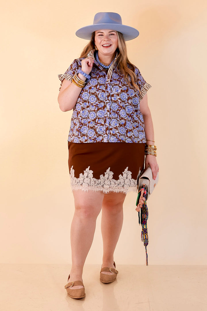 Effortless Grace Floral Print Flutter Stripe Sleeve and Ruffle Collar Detailing Blouse in Brown and Periwinkle Blue