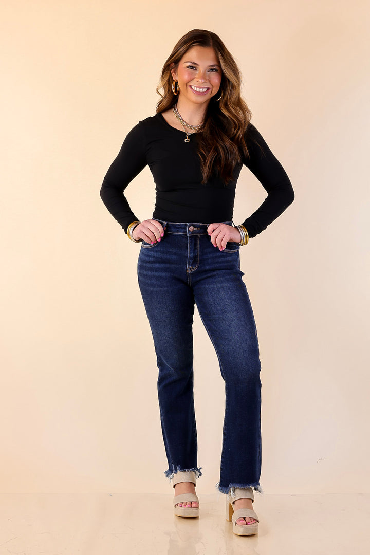 Risen | Effortless Essential Ankle Length Crop Destroyed Hem Straight Slim Jean in Dark Wash