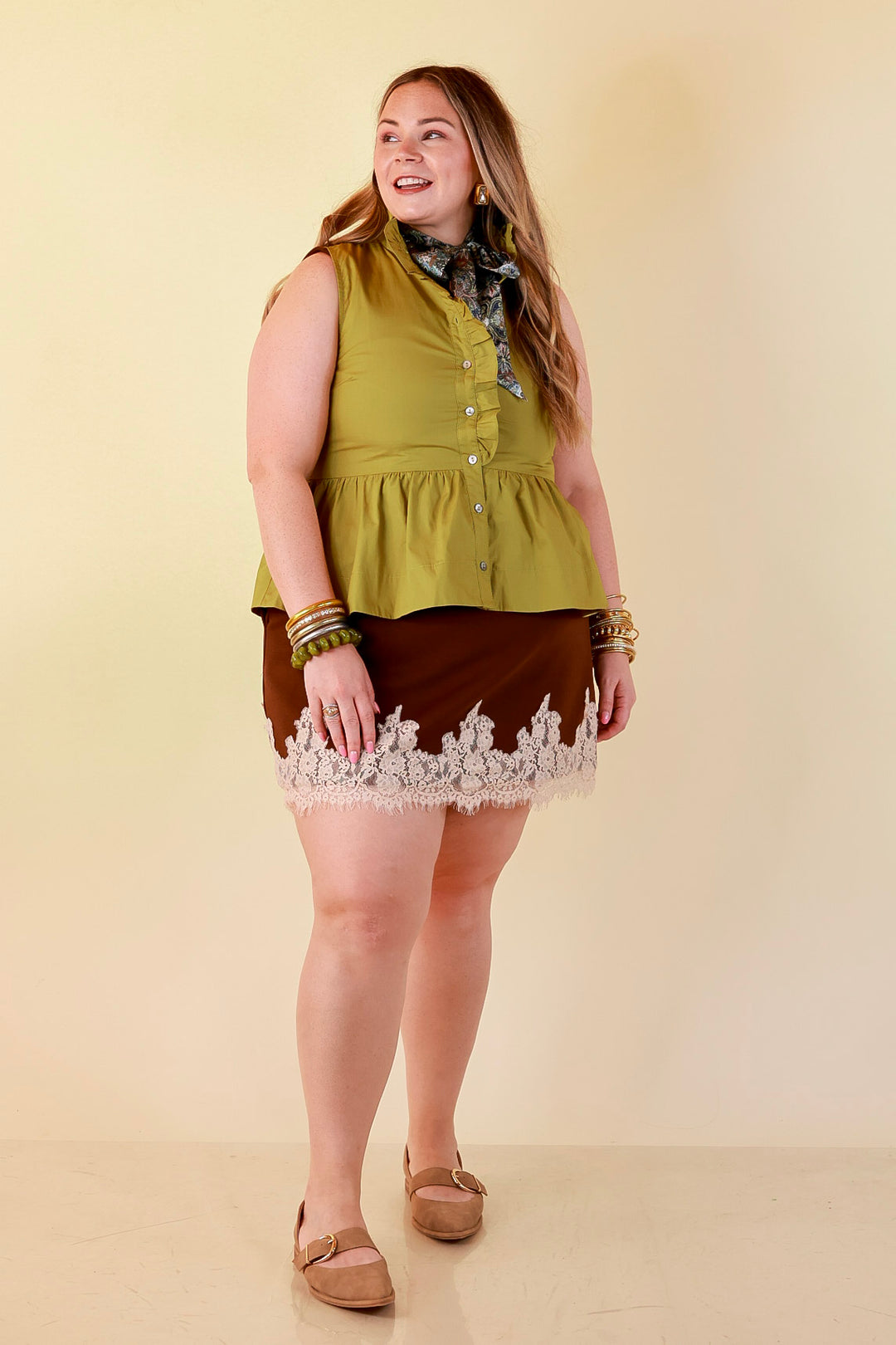 Poised &amp; Polished Sleeveless Ruffle Neck Button Front Peplum Top in Chartreuse Olive Green