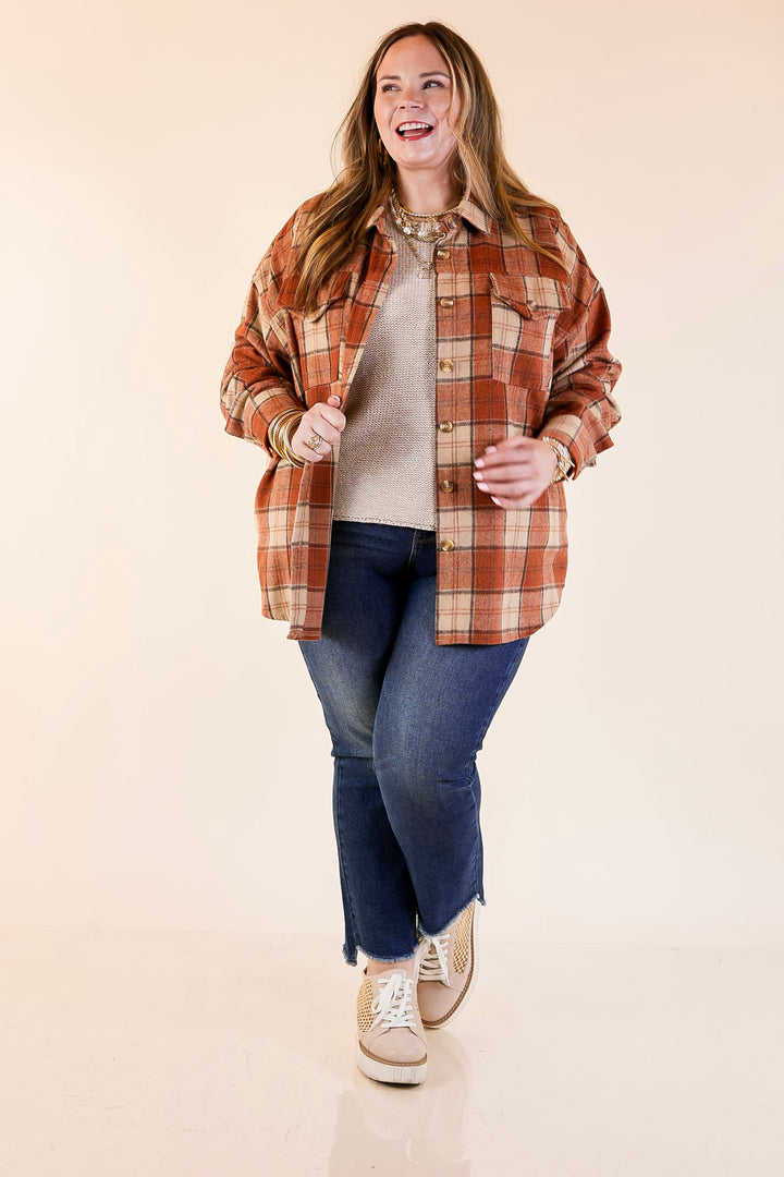 Kindness Everywhere Button Up Plaid Shacket in Burnt Orange