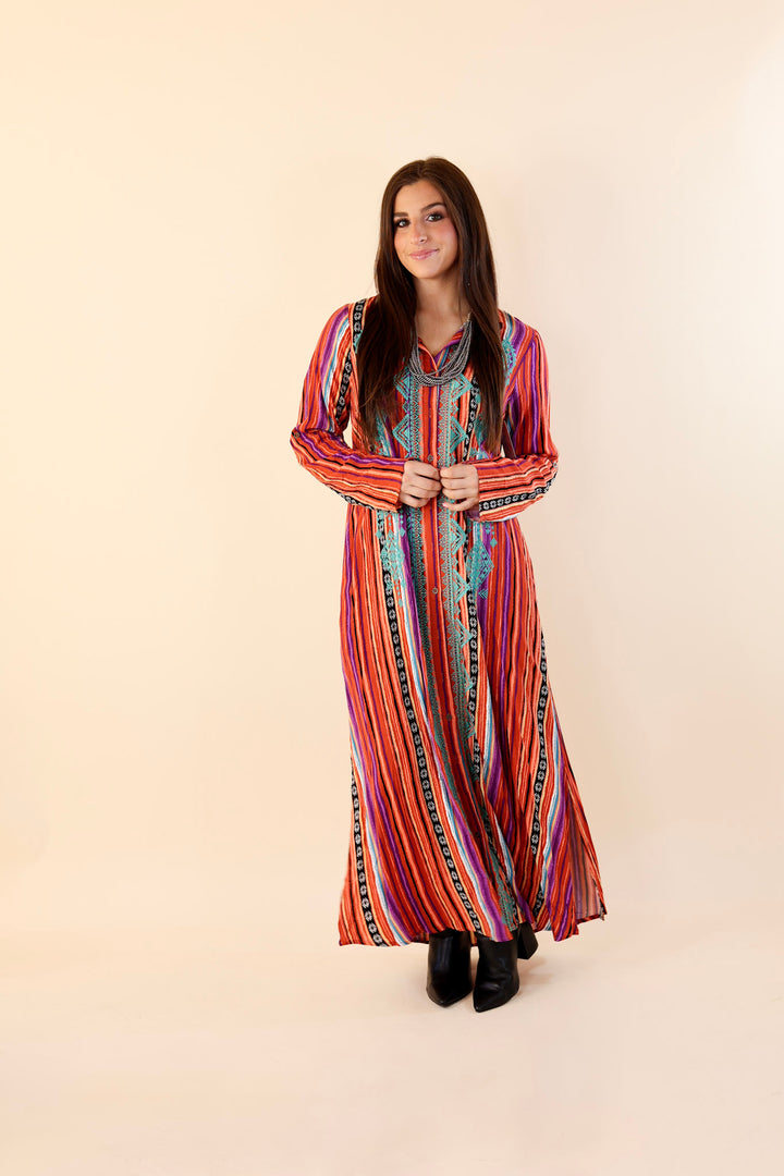 I'm All That Long Serape Button Up Dress with Aztec Print Embroidery - Giddy Up Glamour Boutique