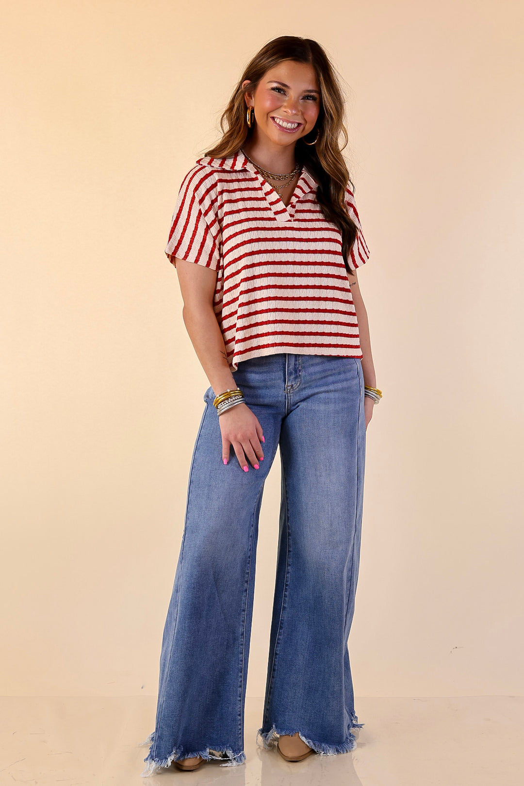 Simply Said Striped Drop Shoulder Collared Cropped Top in Ivory with Red Stripes