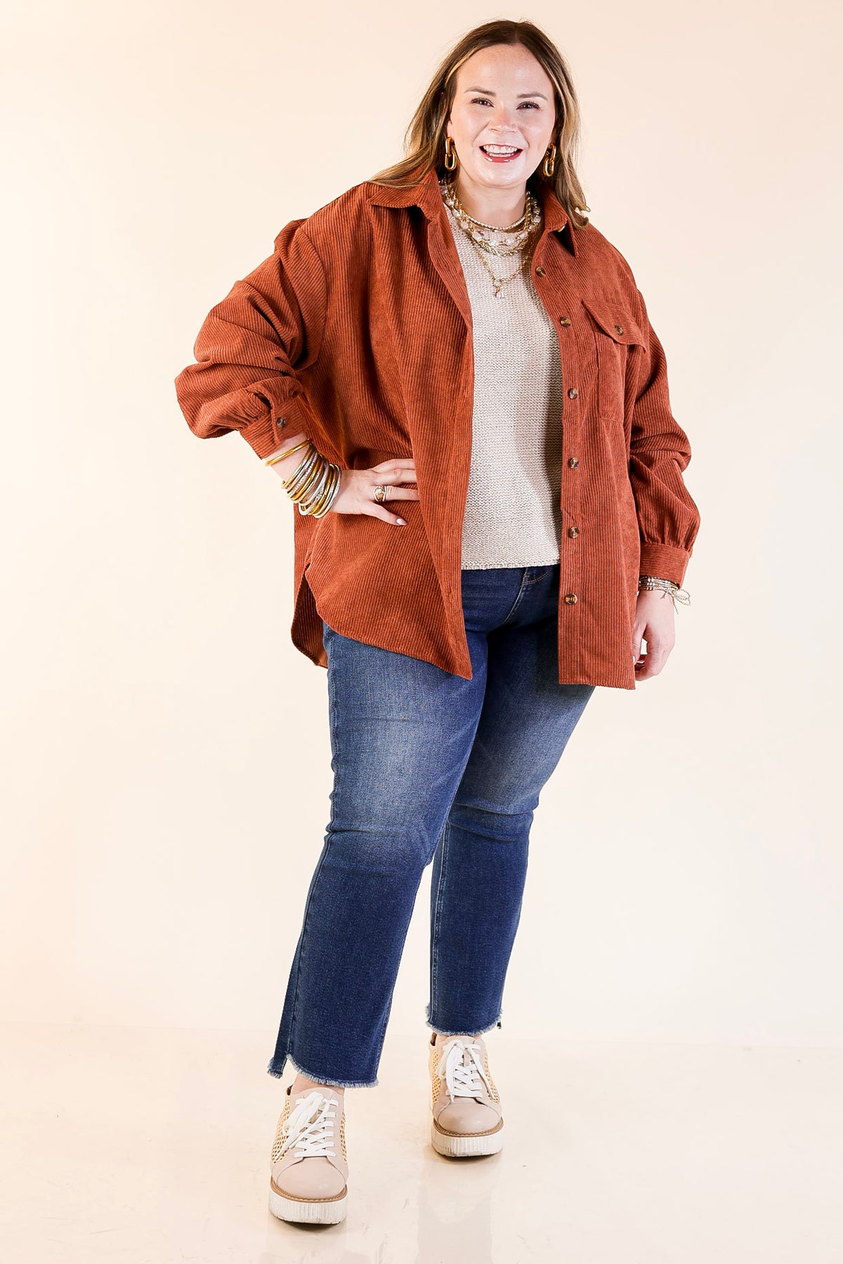 Latte Sips Button Up Corduroy Shacket in Rust