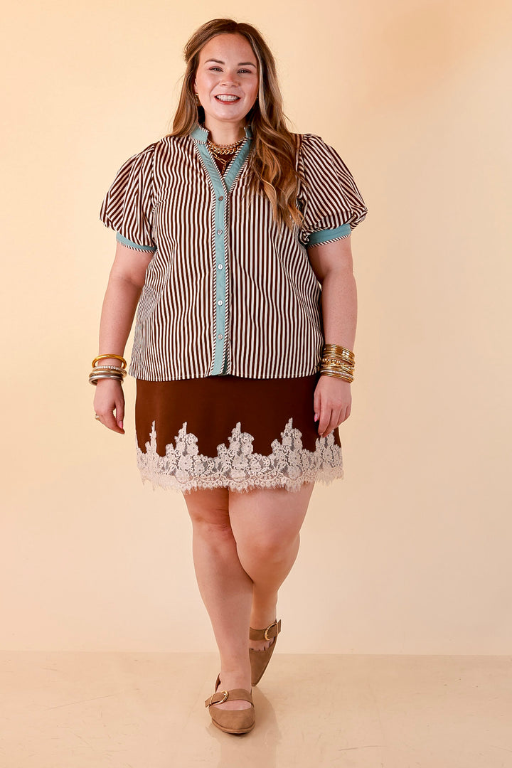 Pop of Polish Short Puff Sleeve Button Front Top with Contrast Trim in White, Chocolate Brown and Blue