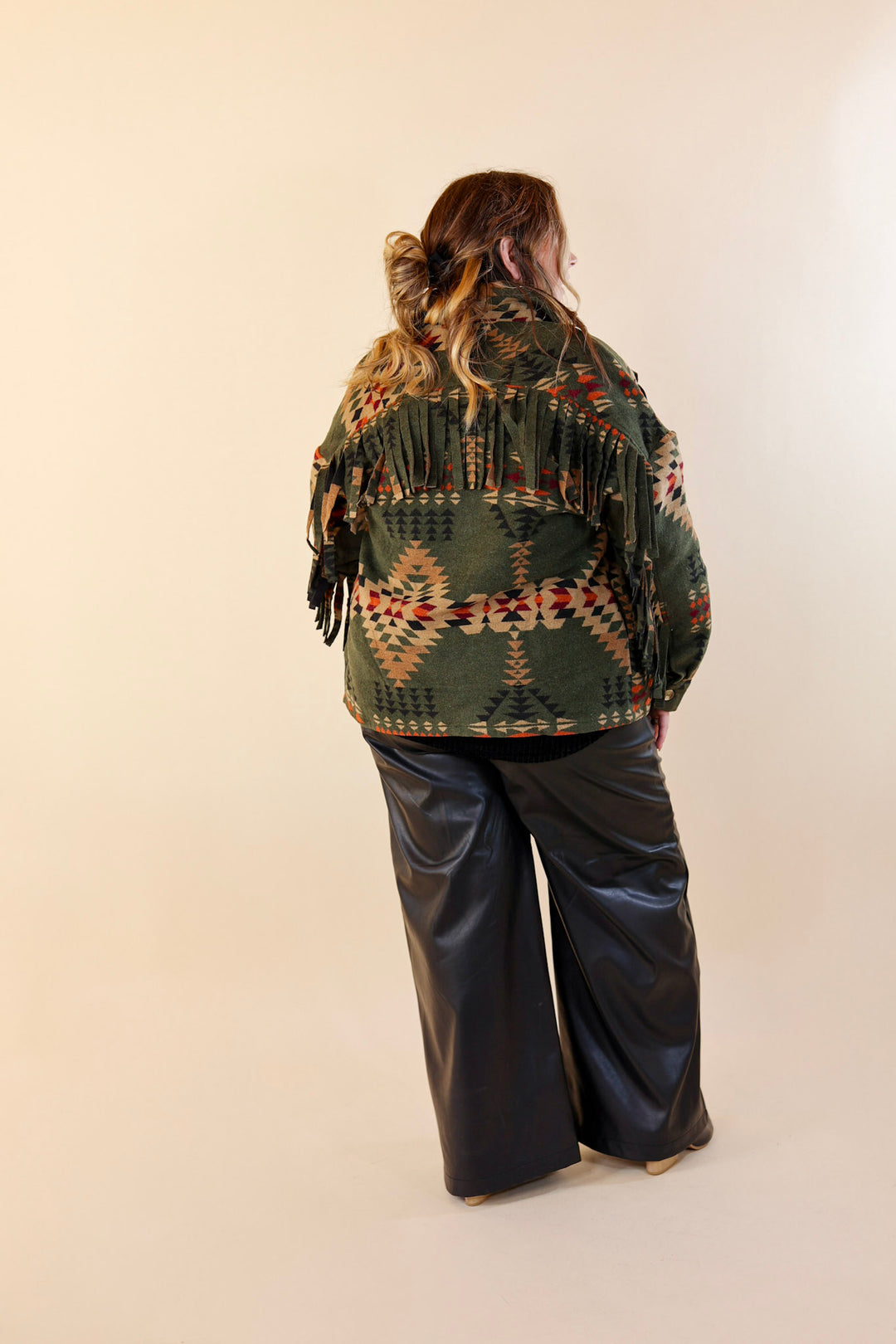 Take Over Aztec Print Button Up Jacket with Fringe in Olive Green - Giddy Up Glamour Boutique