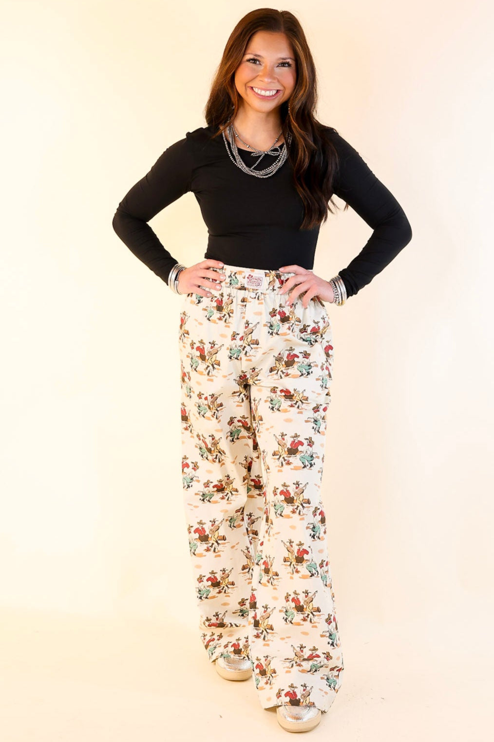 Newest Trend Cowboy Print Cotton Pants with Elastic Waistband in Ivory