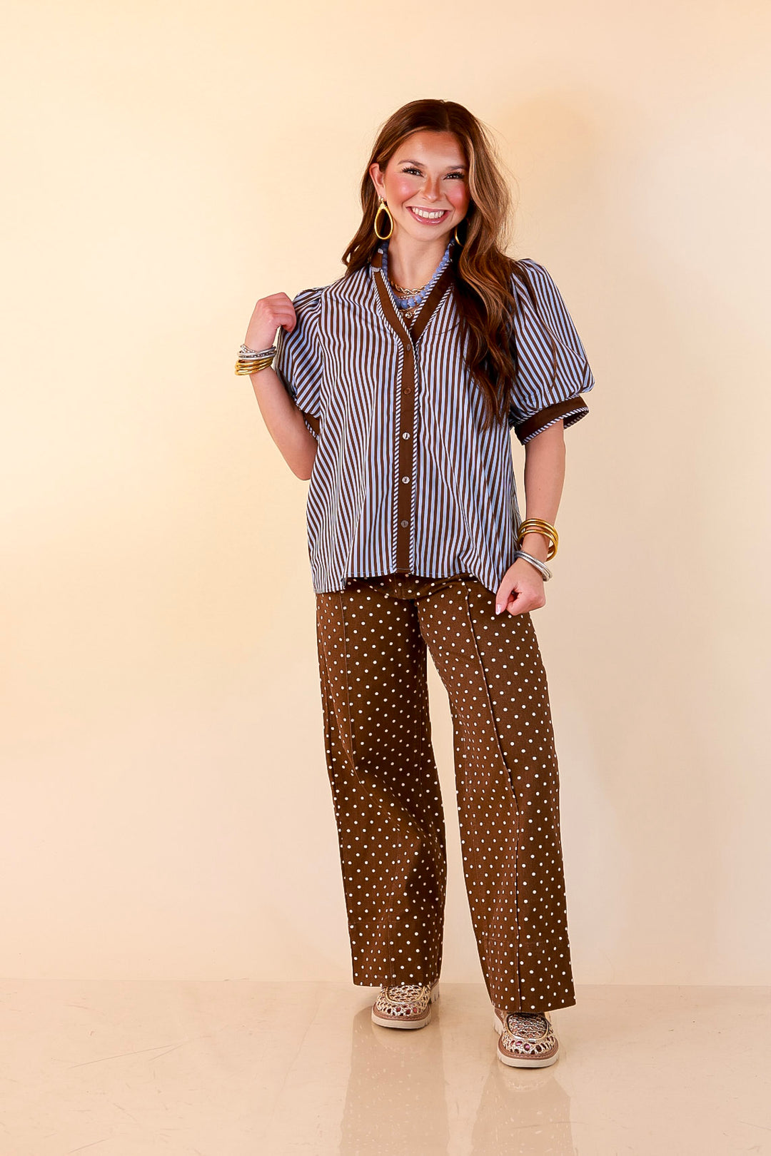Pop of Polish Short Puff Sleeve Button Front Top with Contrast Trim in Blue and Brown