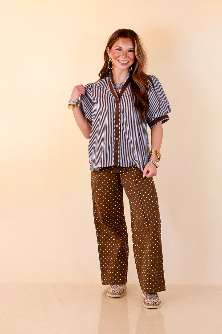 Pop of Polish Short Puff Sleeve Button Front Top with Contrast Trim in Blue and Brown