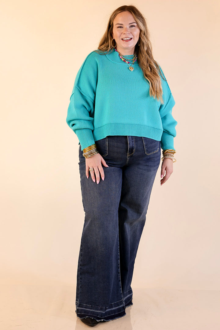 Fireside Fit Cropped Long Sleeve Mock Neck Sweater in Turquoise Blue