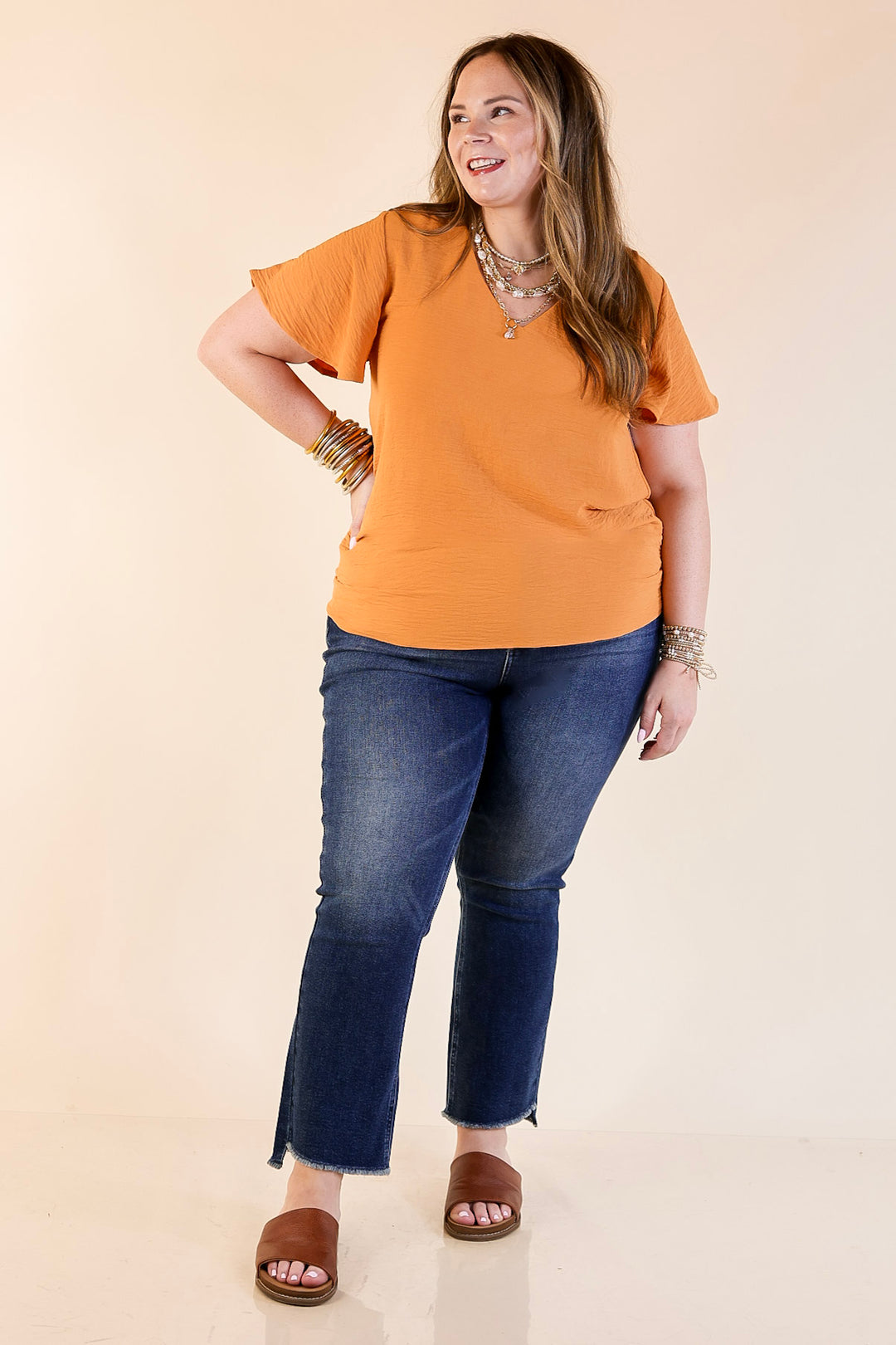 Best Intentions V Neck Short Sleeve Top in Apricot Orange