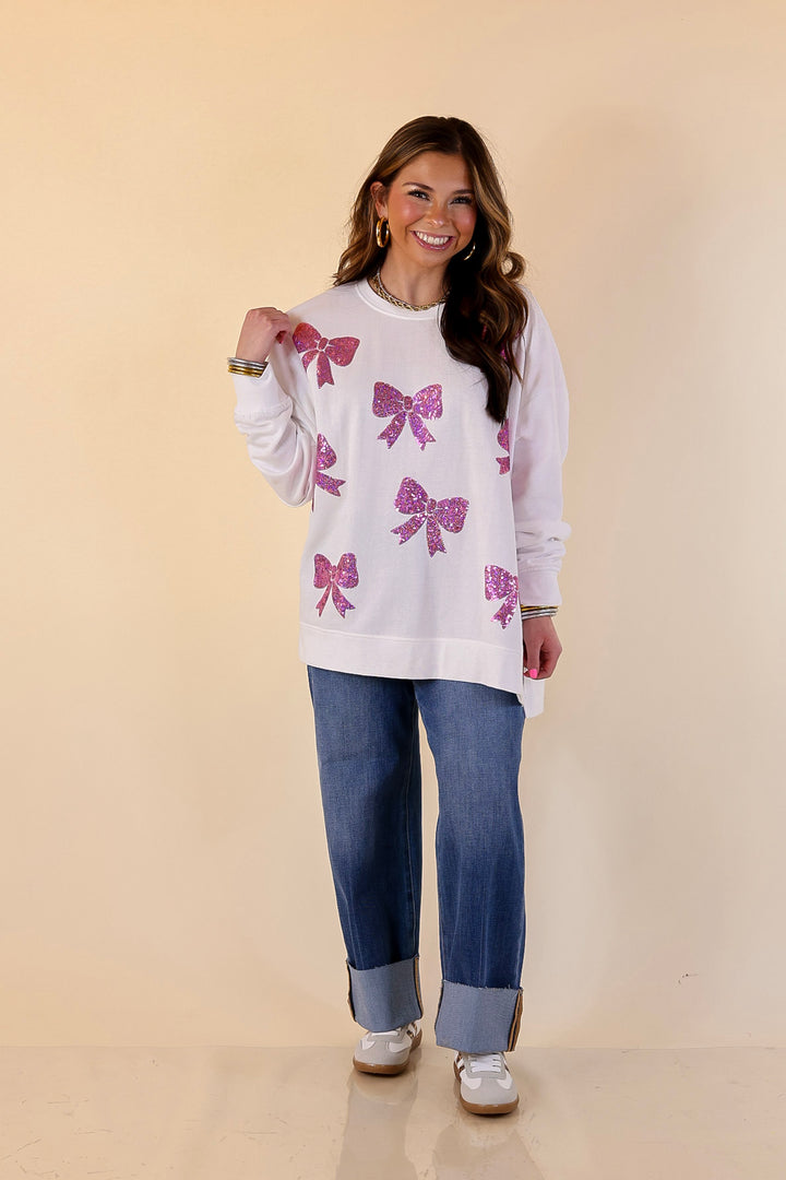 Mud Pie | Feeling Extra Oversized Pink Sequin Bows Graphic Sweatshirt in White