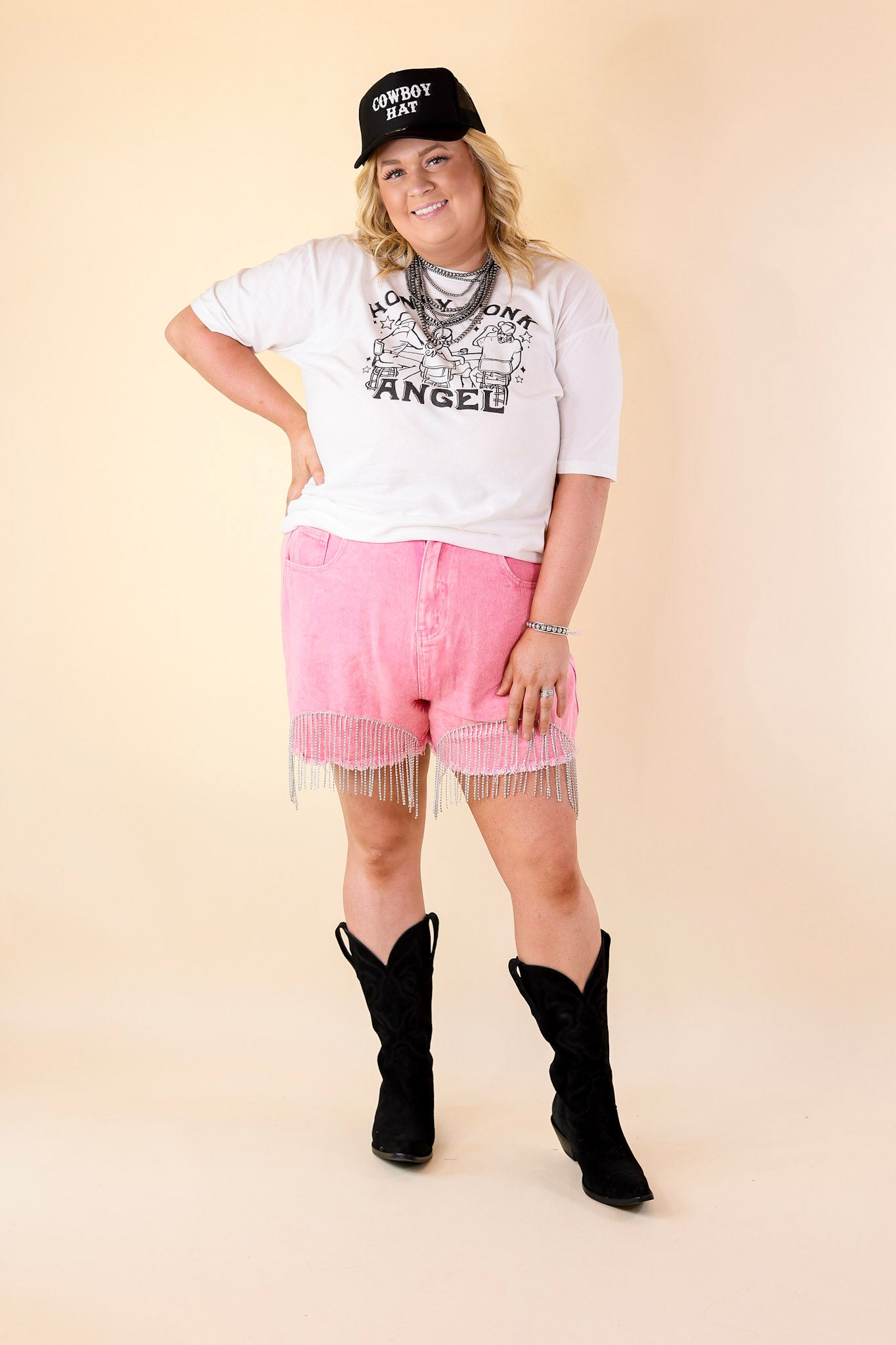 Saddle Up Crystal Fringe Distressed Denim Shorts in Pink - Giddy Up Glamour Boutique